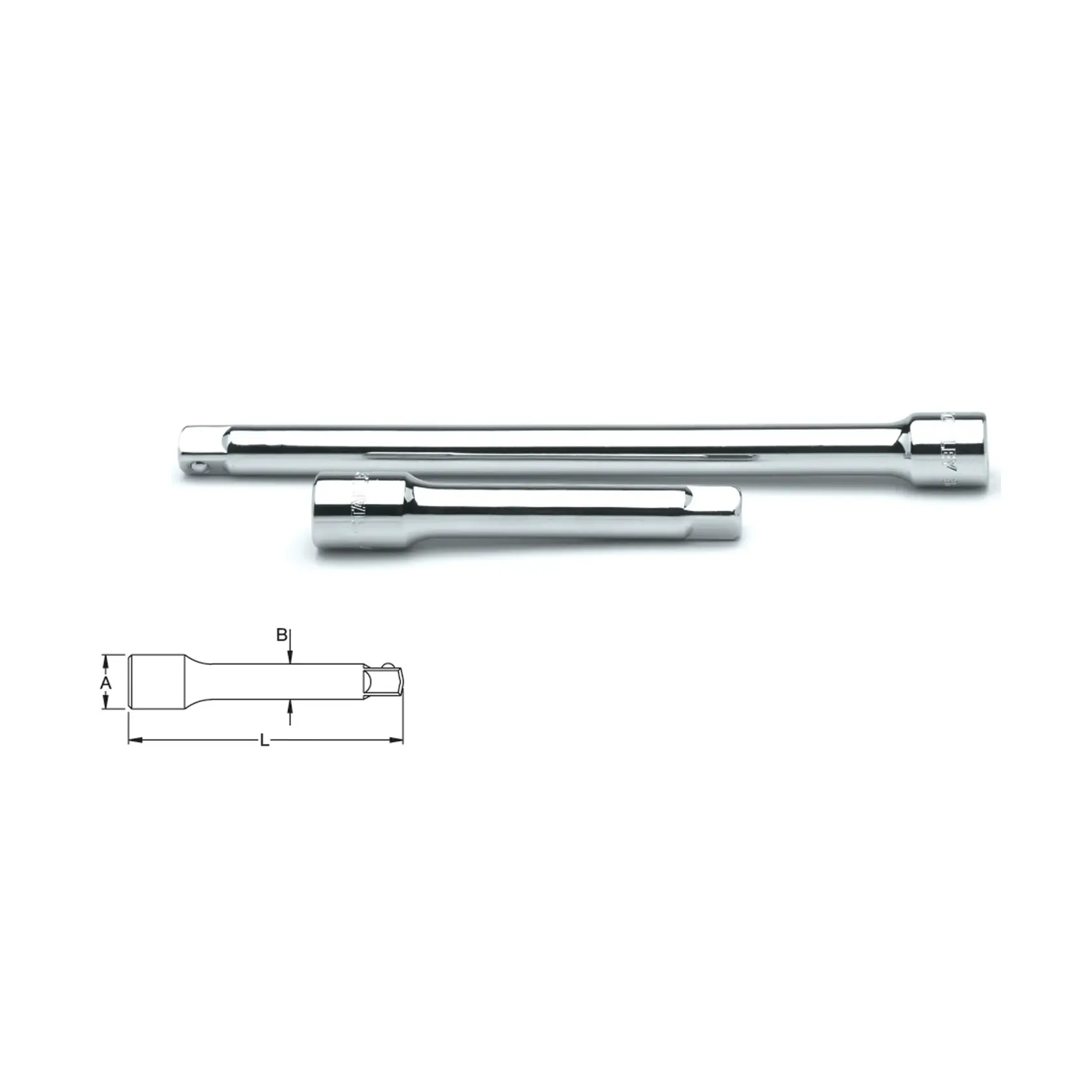 STANLEY 4-86-408 barras de extensão cromadas, conjunto com duas peças, vista lateral e desenho técnico com detalhes de comprimento e largura.