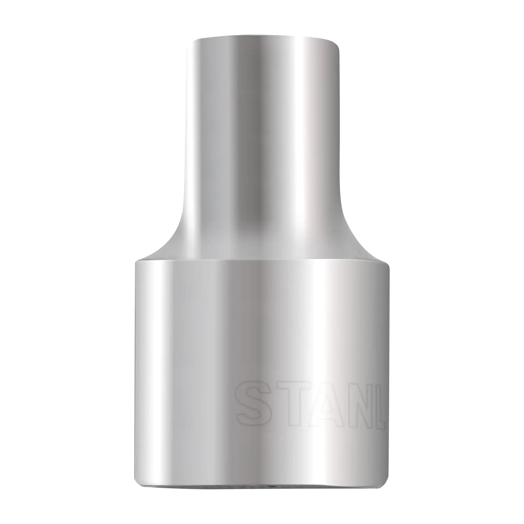 Adaptador de soquete cromado STANLEY 4-86-512, formato cilíndrico, ângulo frontal em fundo branco.
