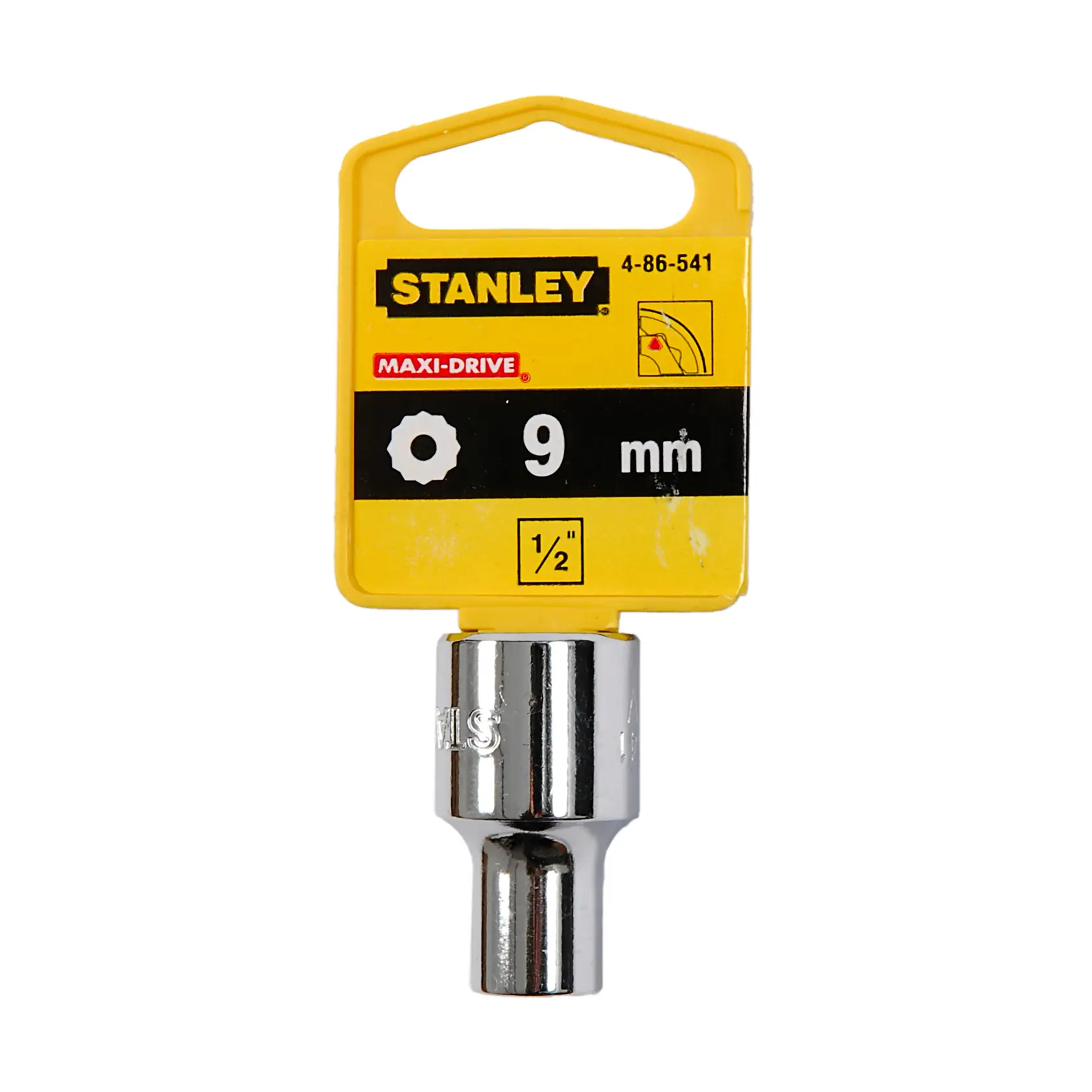 STANLEY 4-86-541 soquete MAXI-DRIVE 9mm, acabamento cromado, vista frontal, fundo branco.
