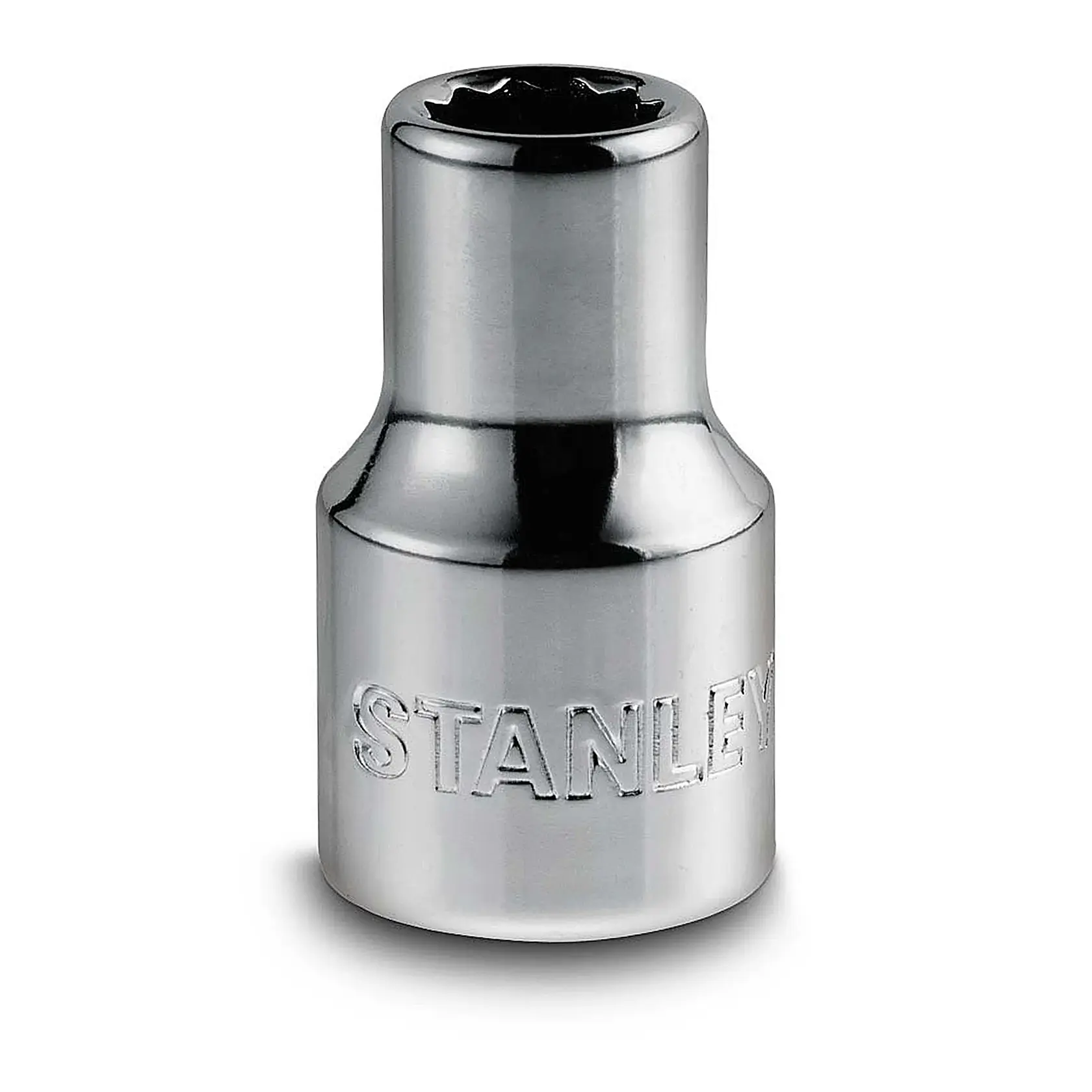 STANLEY 4-86-542 soquete cromado, formato cilíndrico, marca em relevo, ângulo frontal em fundo branco.