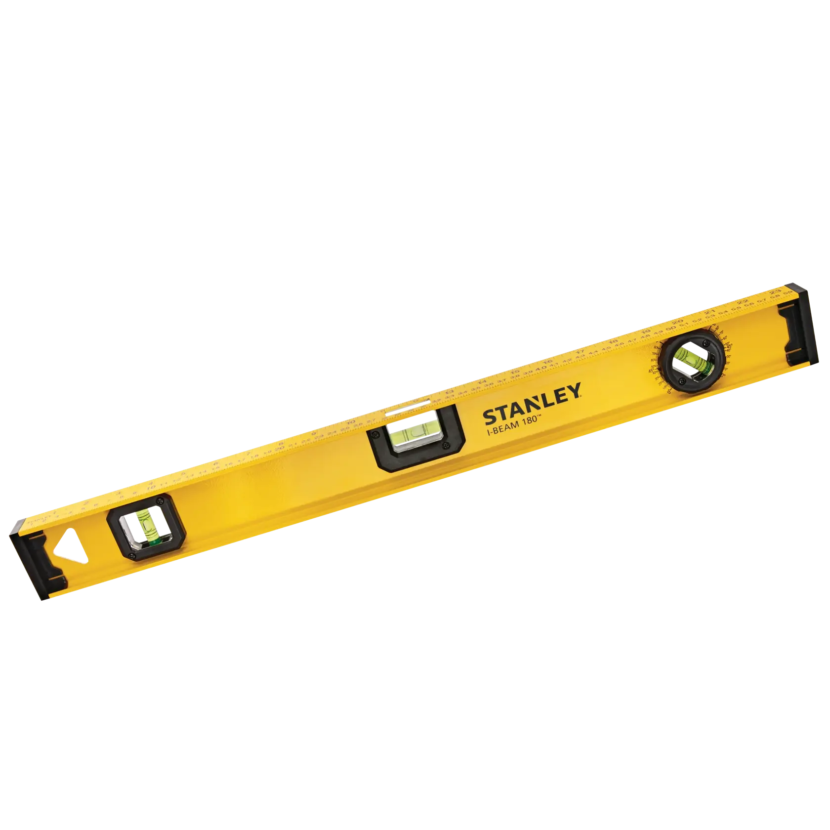 Fotografía del nivel de burbuja STANLEY 42-324, cuerpo amarillo con tres burbujas, vista superior sobre fondo blanco.
