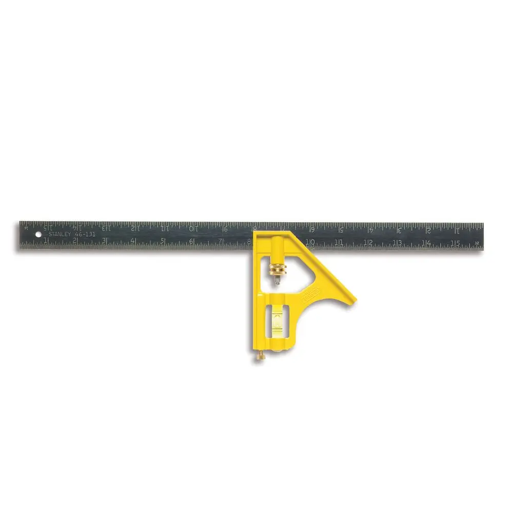 STANLEY 46-131 escuadra combinada con mango amarillo y regla metálica, ángulo frontal sobre fondo blanco.