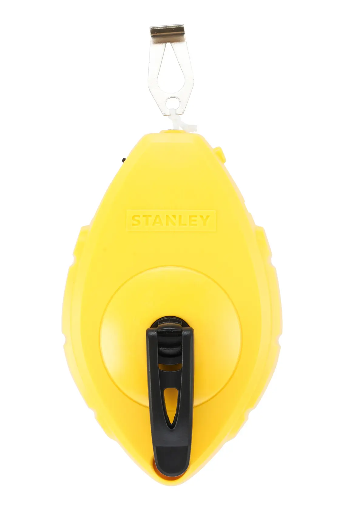 Ferramenta de linha de giz STANLEY 47-440, caixa de plástico amarela, ângulo frontal, enrolador preto e gancho de metal visíveis.