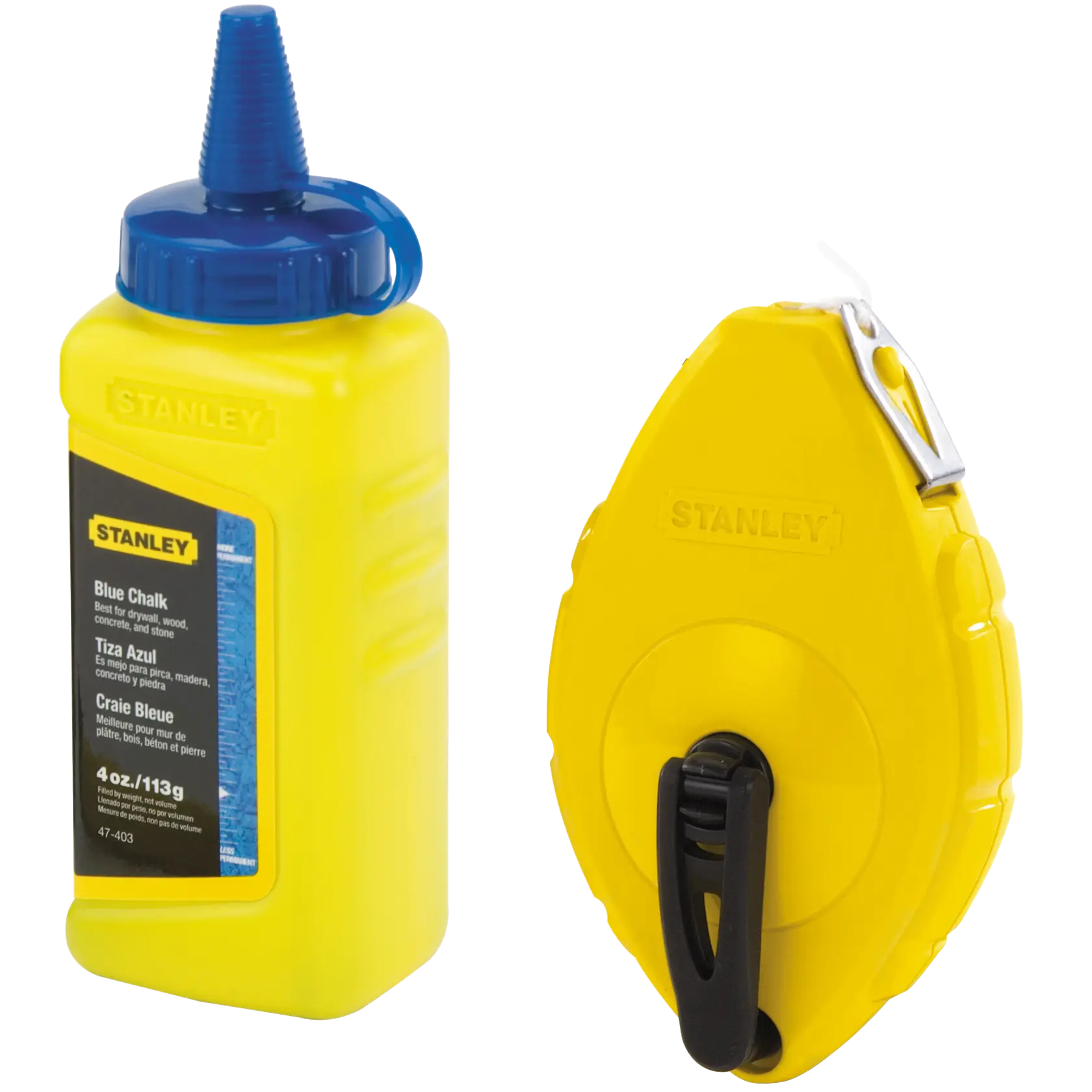STANLEY 47-442 carretel de linha de giz e frasco de giz azul, plástico amarelo, ângulo frontal em fundo branco.