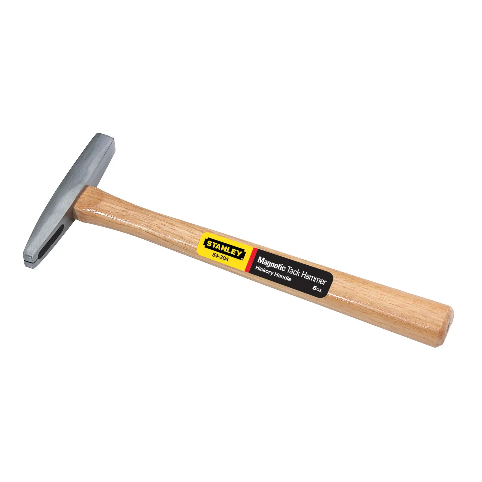 Stanley 54-304 martillo magnético para tachuelas con mango de hickory, vista lateral sobre fondo blanco.
