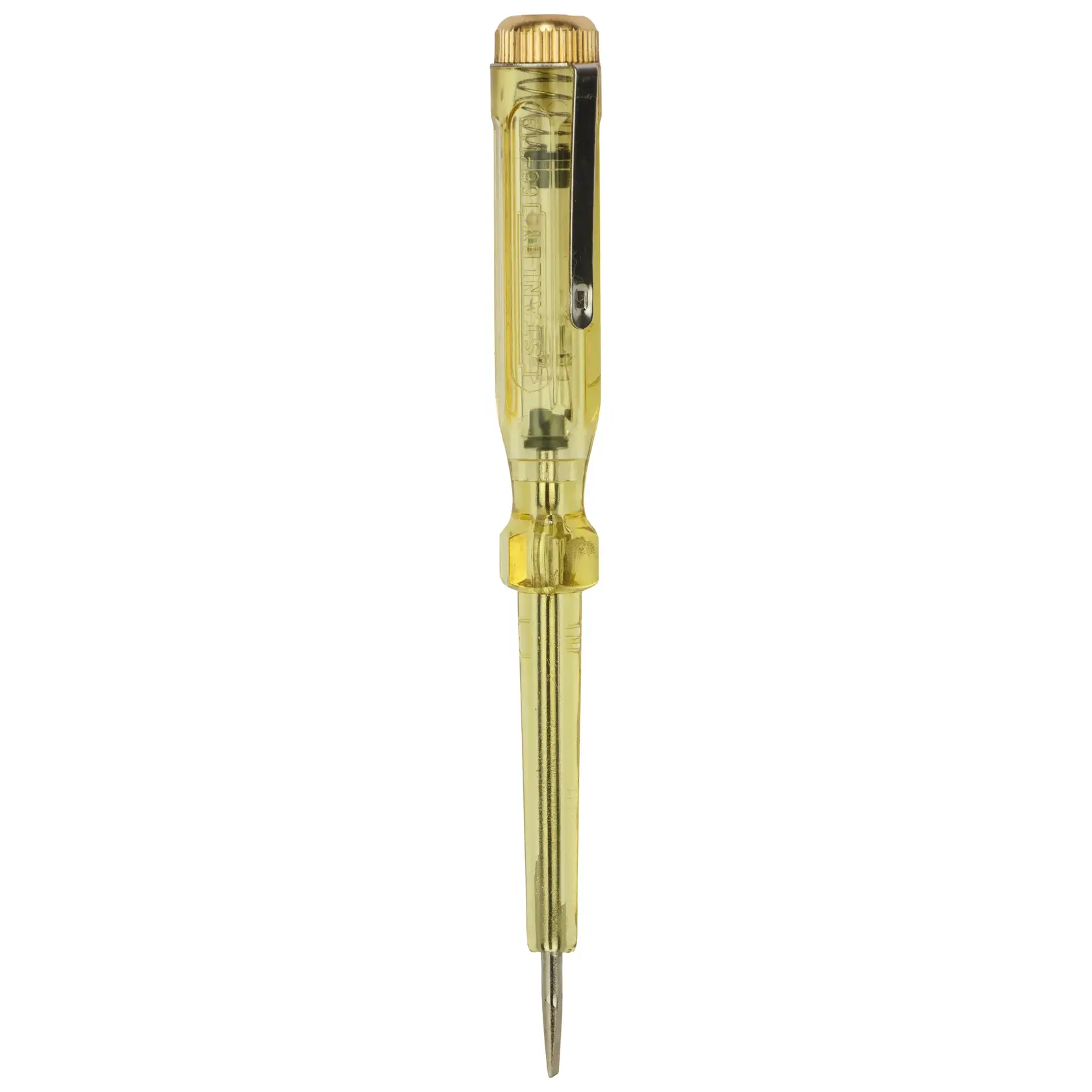 STANLEY 66-119-KR probador de voltaje tipo destornillador con mango amarillo transparente, vista frontal sobre fondo blanco.