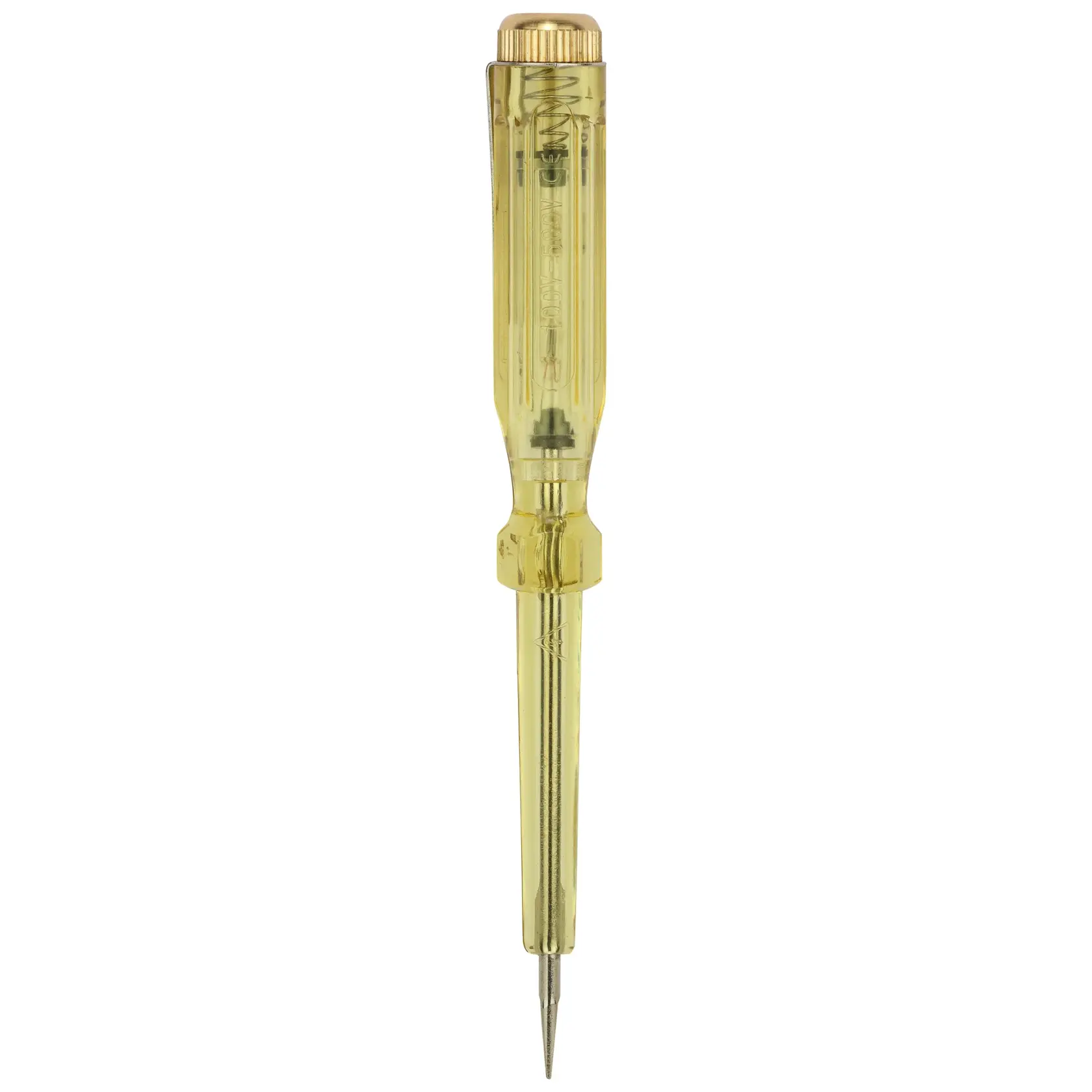 STANLEY 66-119-KR destornillador probador con mango amarillo transparente, vista frontal, fondo blanco.