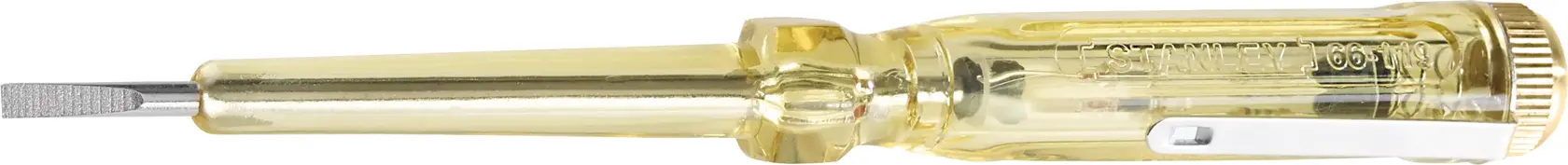 STANLEY 66-119-KR probador de voltaje con mango amarillo transparente, vista lateral sobre fondo blanco.