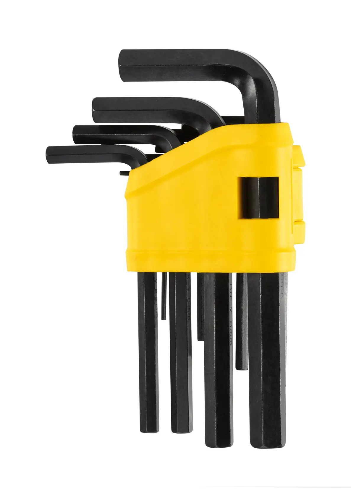 STANLEY 69-253 juego de llaves hexagonales con soporte amarillo, ocho llaves en L negras, vista superior en ángulo.