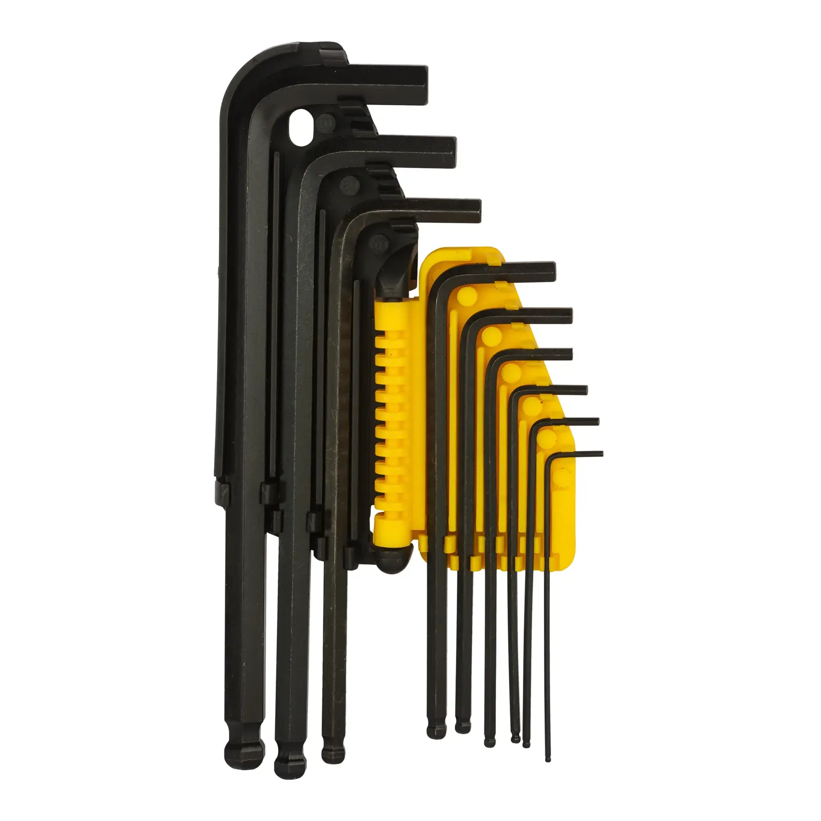STANLEY 69-256-KR jogo de chaves hexagonais com suporte amarelo, ferramentas pretas em L, ângulo frontal.