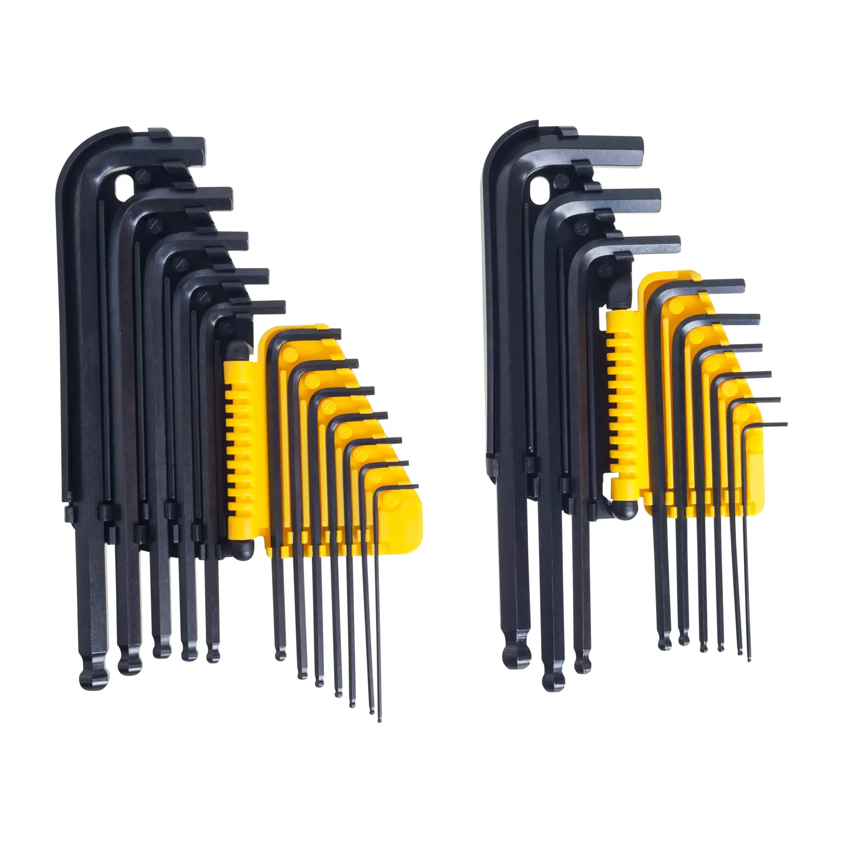 STANLEY 69-258 jogo de chaves hexagonais com chaves em L pretas em suportes amarelos, produto em vista frontal sobre fundo branco.