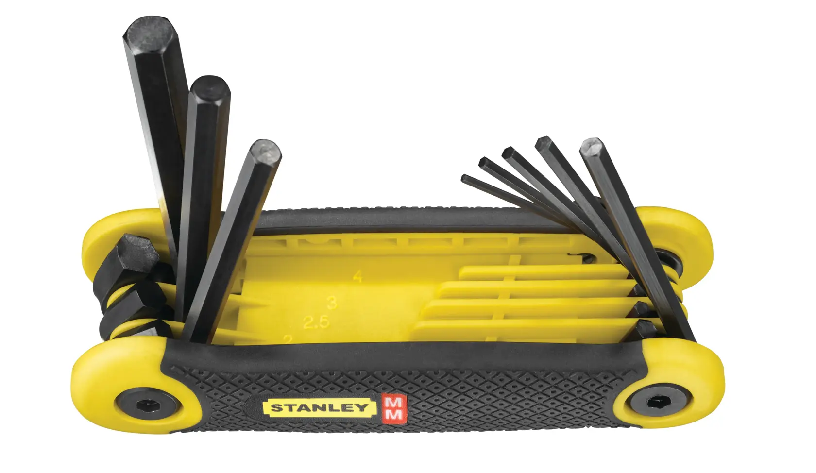STANLEY 69-264 jogo de chaves hexagonais dobráveis, cabo amarelo e preto, várias chaves estendidas, vista lateral.