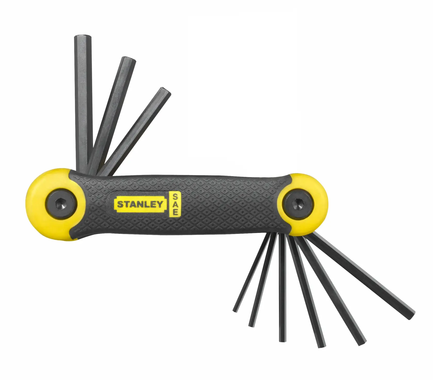 STANLEY 69-265 jogo de chaves hexagonais com hastes pretas em L e cabo preto e amarelo, vista frontal em fundo branco.
