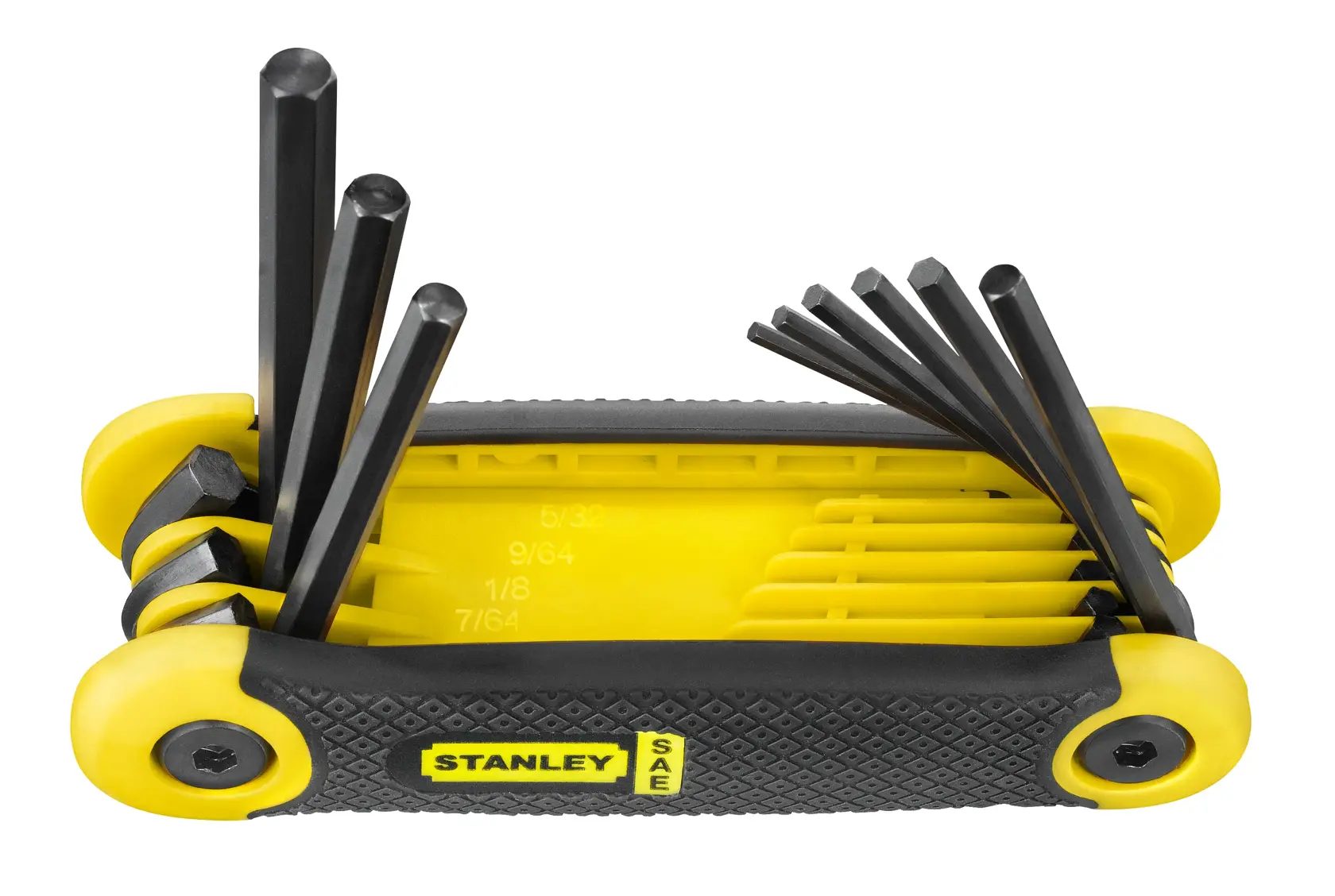 STANLEY 69-265 jogo de chaves hexagonais com cabo amarelo e preto, tamanhos SAE visíveis, ângulo frontal em fundo branco.
