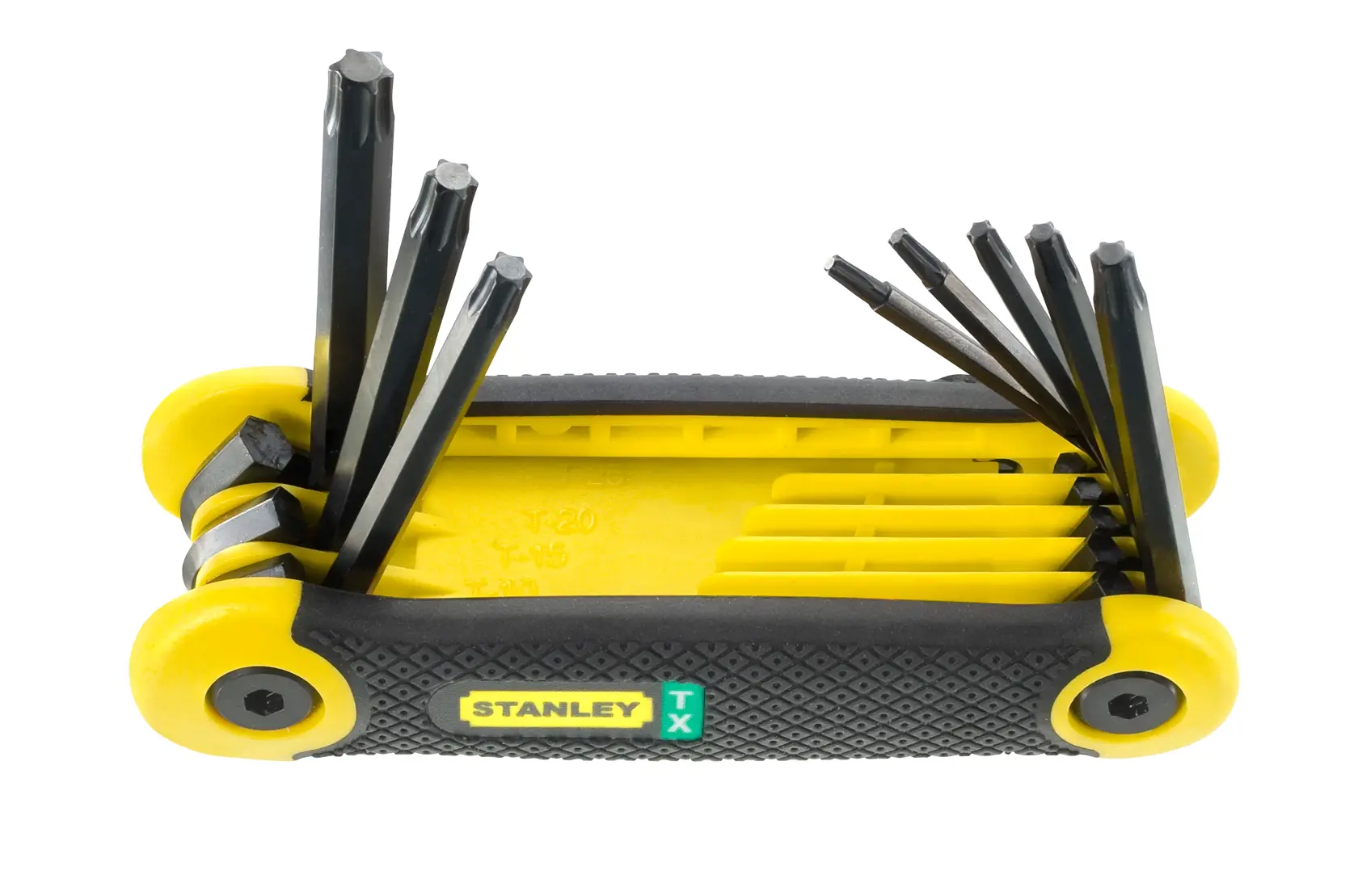 STANLEY 69-266 jogo de chaves Torx dobráveis com cabo amarelo e preto, ângulo frontal em fundo branco.