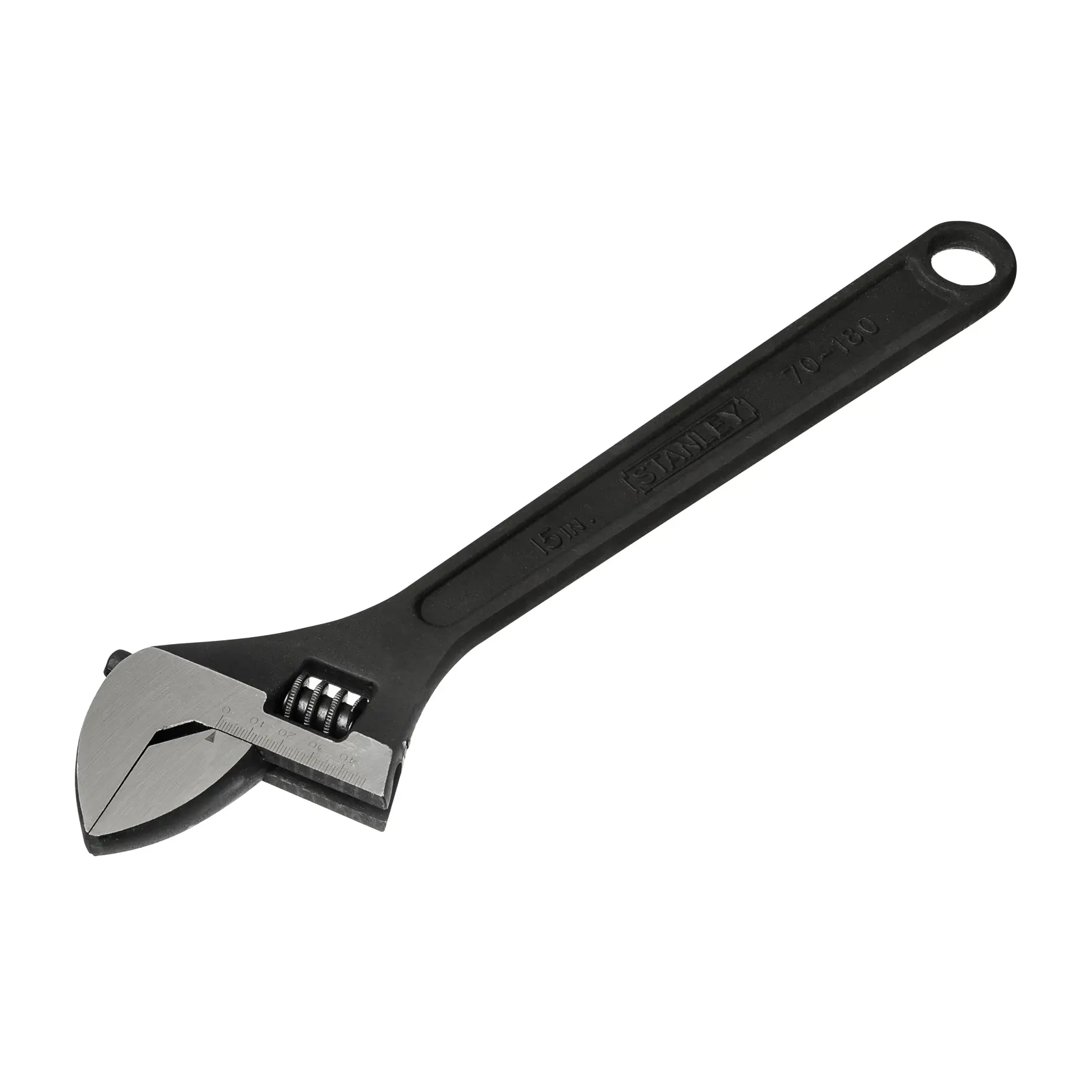 Chave ajustável STANLEY 70-180 com cabo preto, vista em ângulo sobre fundo branco.