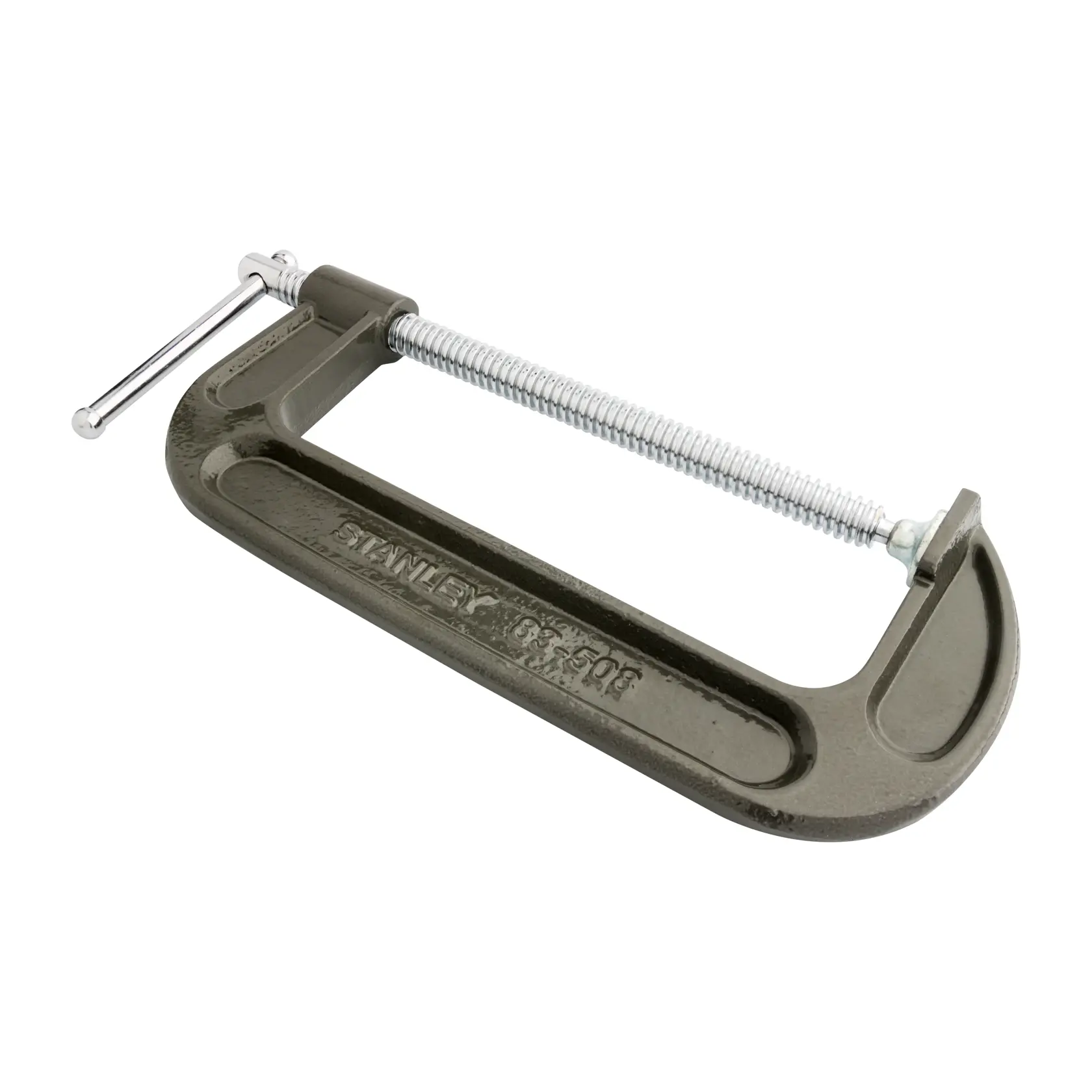 STANLEY 83-508 grampo tipo C de metal cinza, ângulo lateral sobre fundo branco.