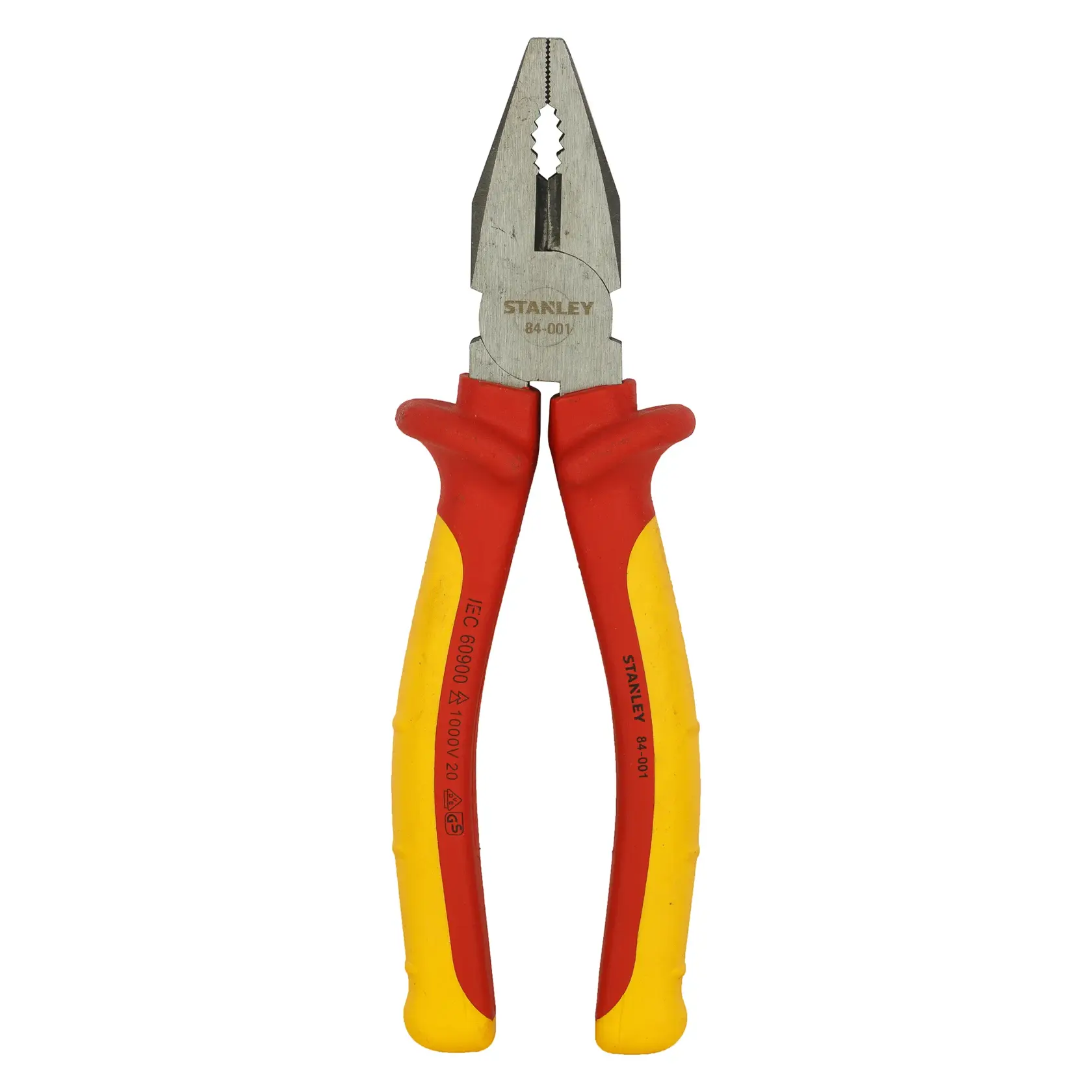 Fotografia do alicate universal STANLEY 84-011 com cabos isolados vermelho e amarelo, vista frontal em fundo branco.