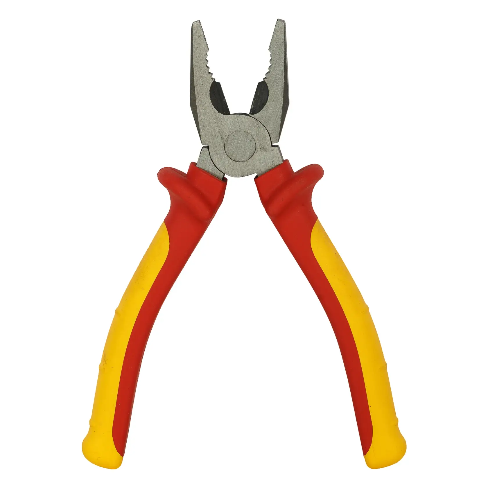 Alicate STANLEY 84-011 com cabos isolados vermelho e amarelo, ângulo frontal em fundo branco.