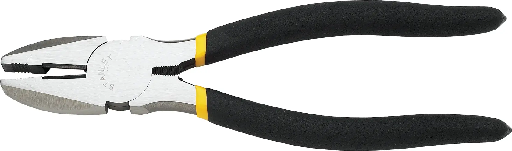 Alicate combinado STANLEY 84-023LA com cabos pretos, visão lateral em fundo branco.