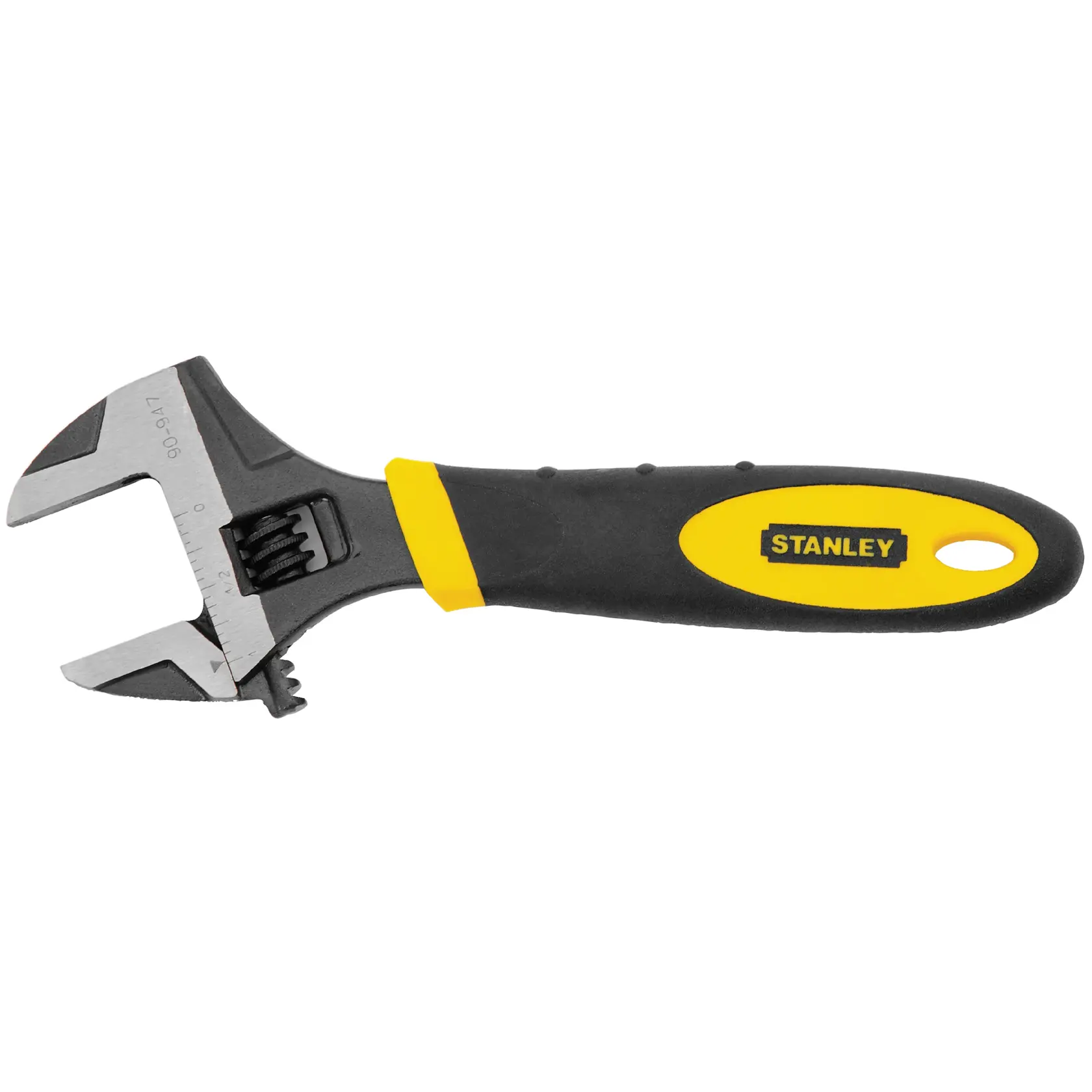 Llave ajustable STANLEY 90-947 con mango negro y amarillo, vista lateral, sobre fondo blanco.