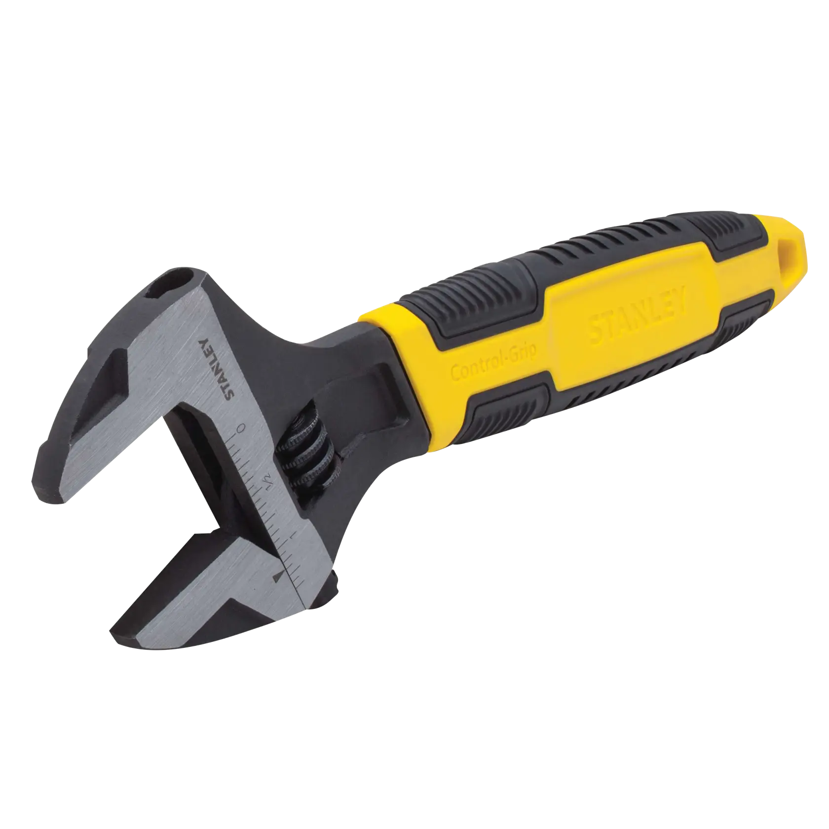 Llave ajustable Stanley con mango Control-Grip negro y amarillo, vista en ángulo sobre fondo blanco.