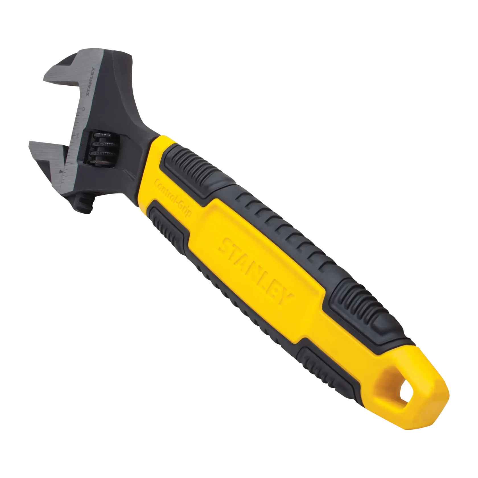 Llave ajustable Stanley con mango Control-Grip amarillo y negro, en ángulo sobre fondo blanco