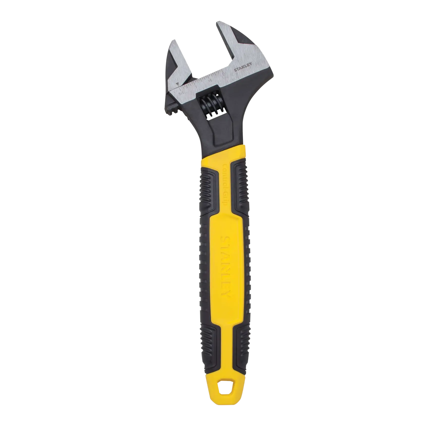 Llave ajustable Stanley vista frontal con mango ergonómico amarillo y negro sobre fondo blanco