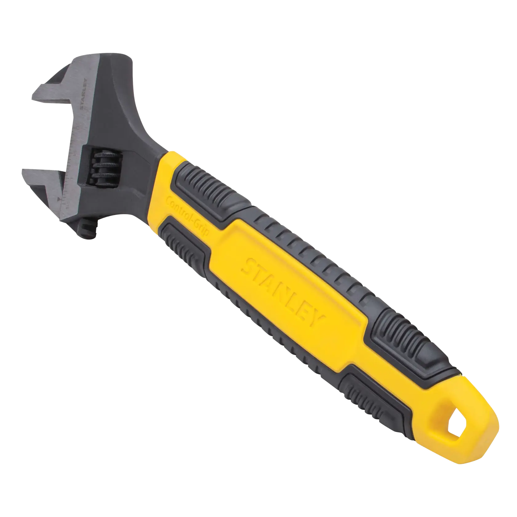 Llave ajustable Stanley con mango Control-Grip amarillo y negro, en ángulo sobre fondo blanco