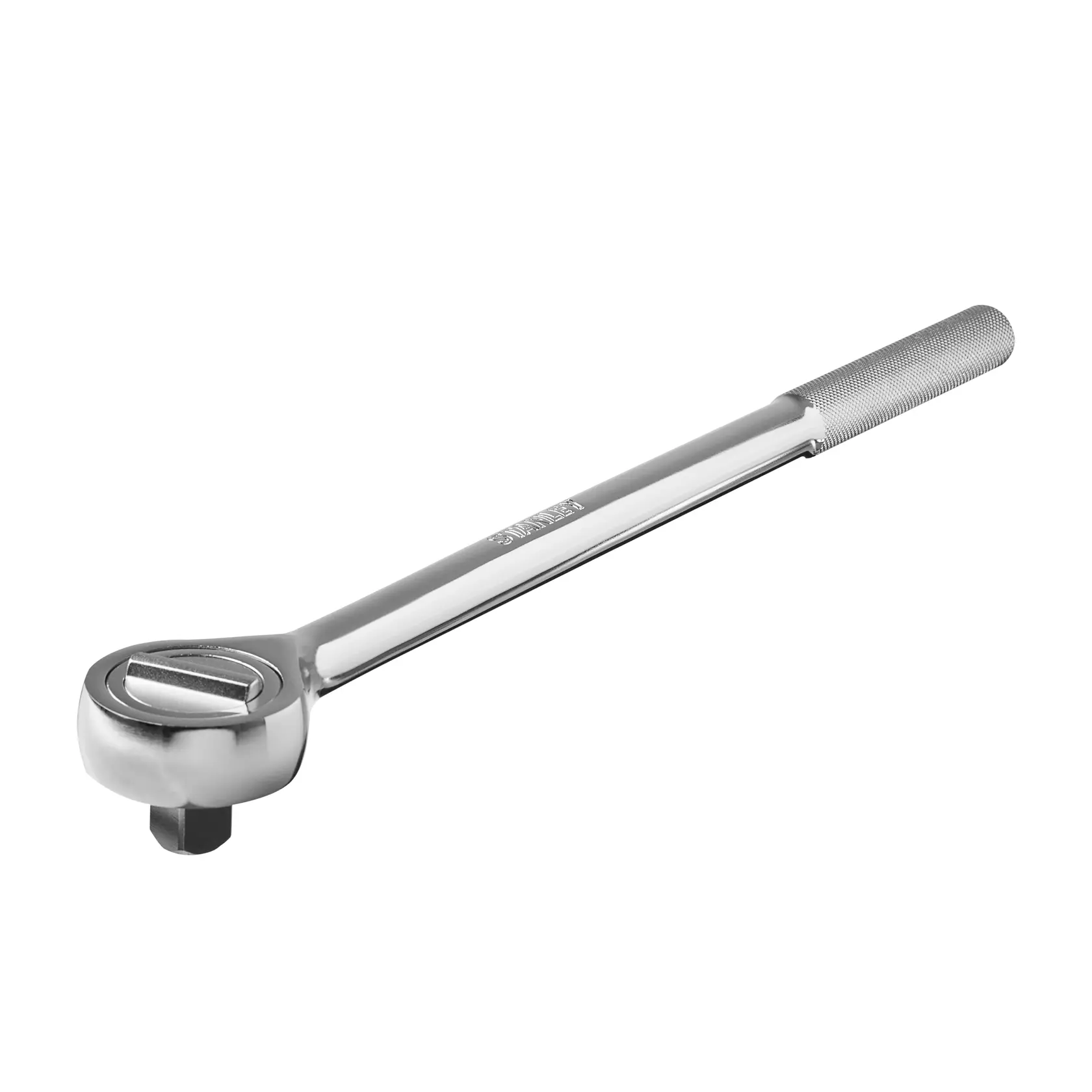 Chave catraca cromada STANLEY 91-316 com cabo estriado, vista lateral em fundo branco.