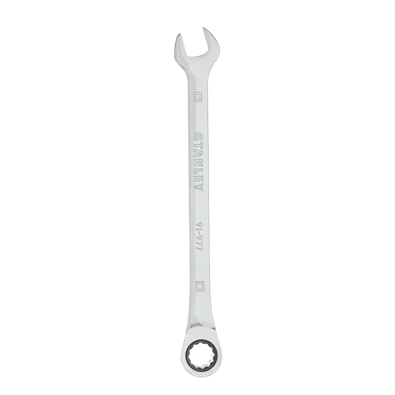 Stanley 91-977 llave combinada, acabado metálico plateado, vista frontal, fotografía en fondo blanco.