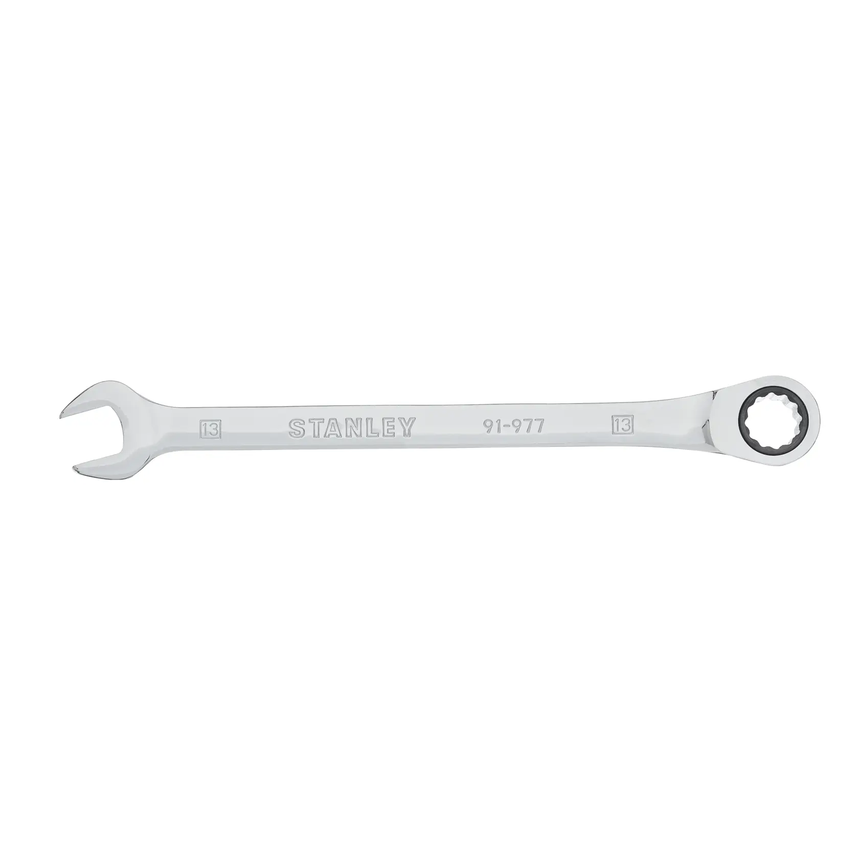 Llave combinada STANLEY 91-977, acabado cromado, vista frontal plana, diseño de boca abierta y estriada.