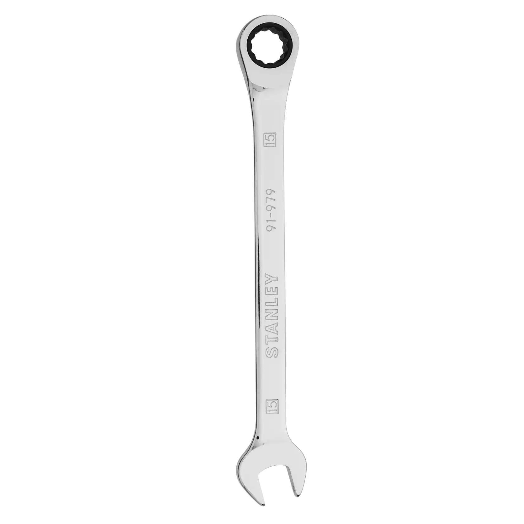 Llave combinada de carraca STANLEY 91-979, acabado cromado, extremos abiertos y de estrella, vista superior sobre fondo blanco.