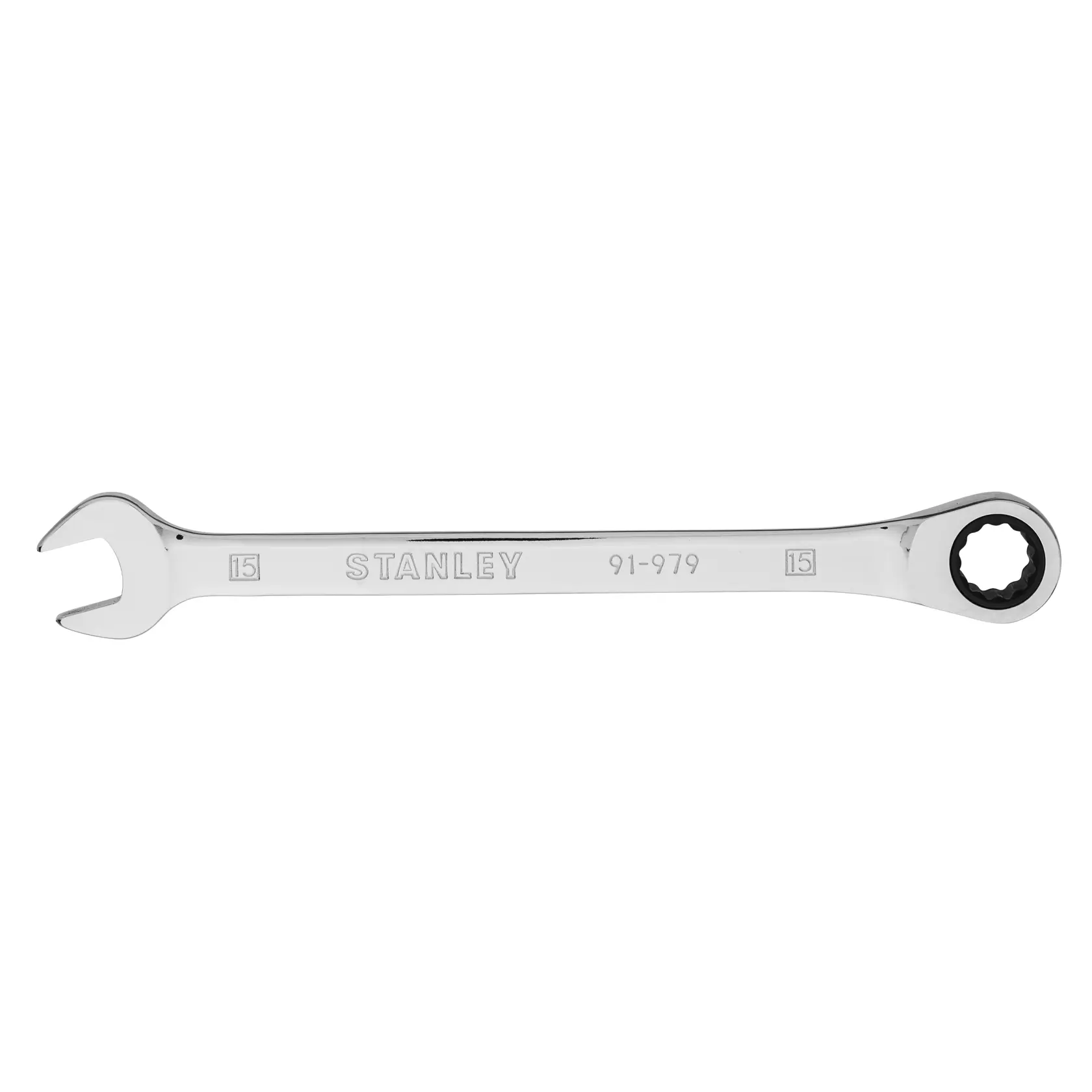 Llave combinada STANLEY 91-979, acabado cromado plateado, boca fija y estrella con carraca, vista lateral.