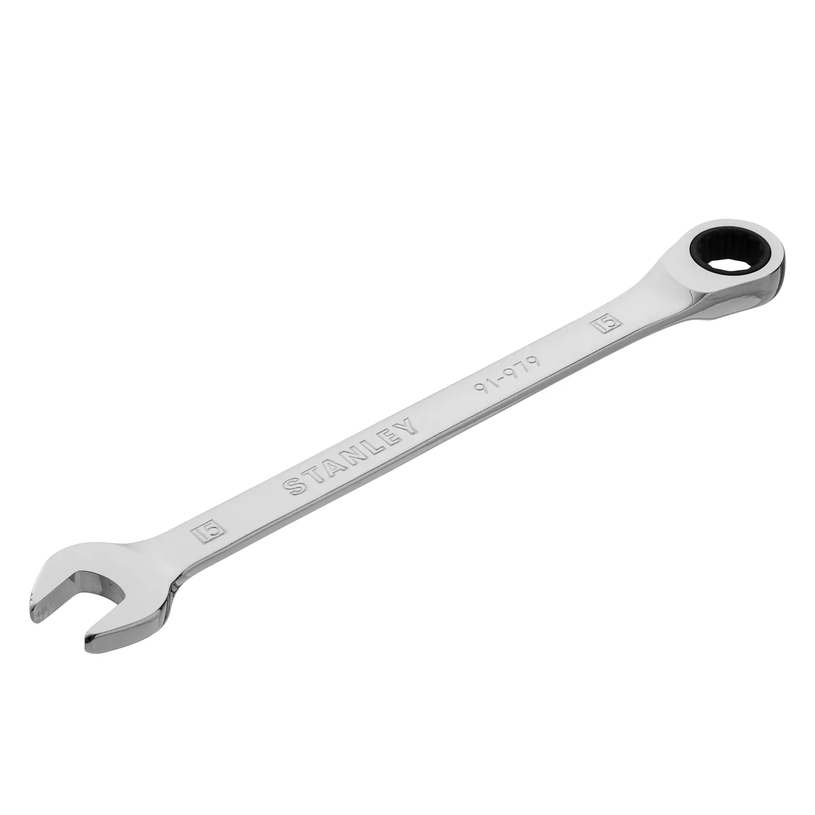 Llave combinada de carraca STANLEY 91-979, acabado cromado, vista superior en ángulo sobre fondo blanco.