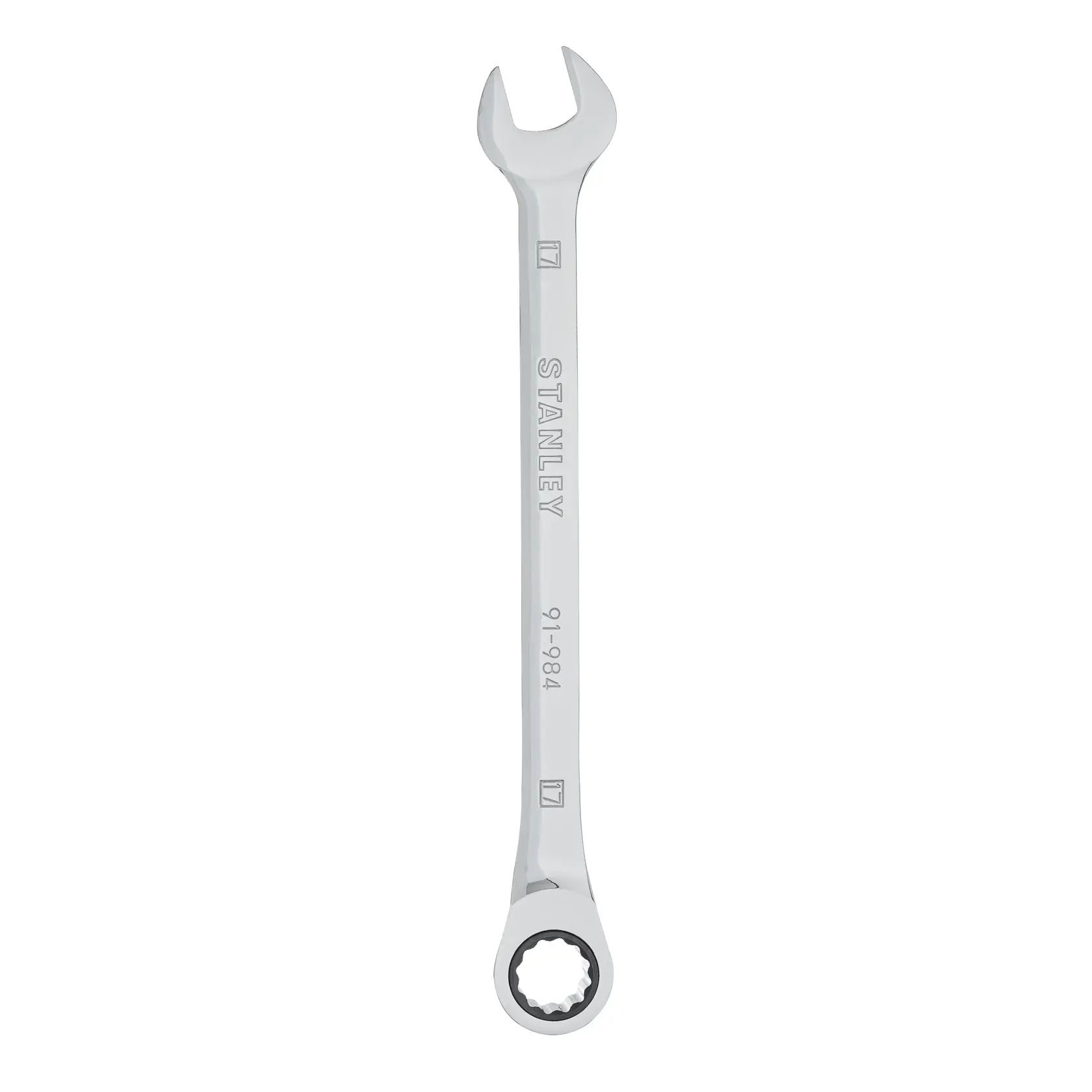 Llave combinada STANLEY 91-984 con acabado cromado, vista superior mostrando extremos abierto y de corona sobre fondo blanco.