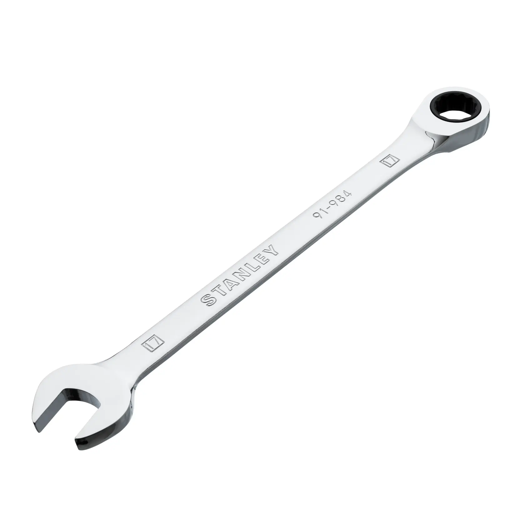 Llave combinada STANLEY 91-984 con extremo abierto y estriado, acabado plateado, en ángulo sobre fondo blanco.