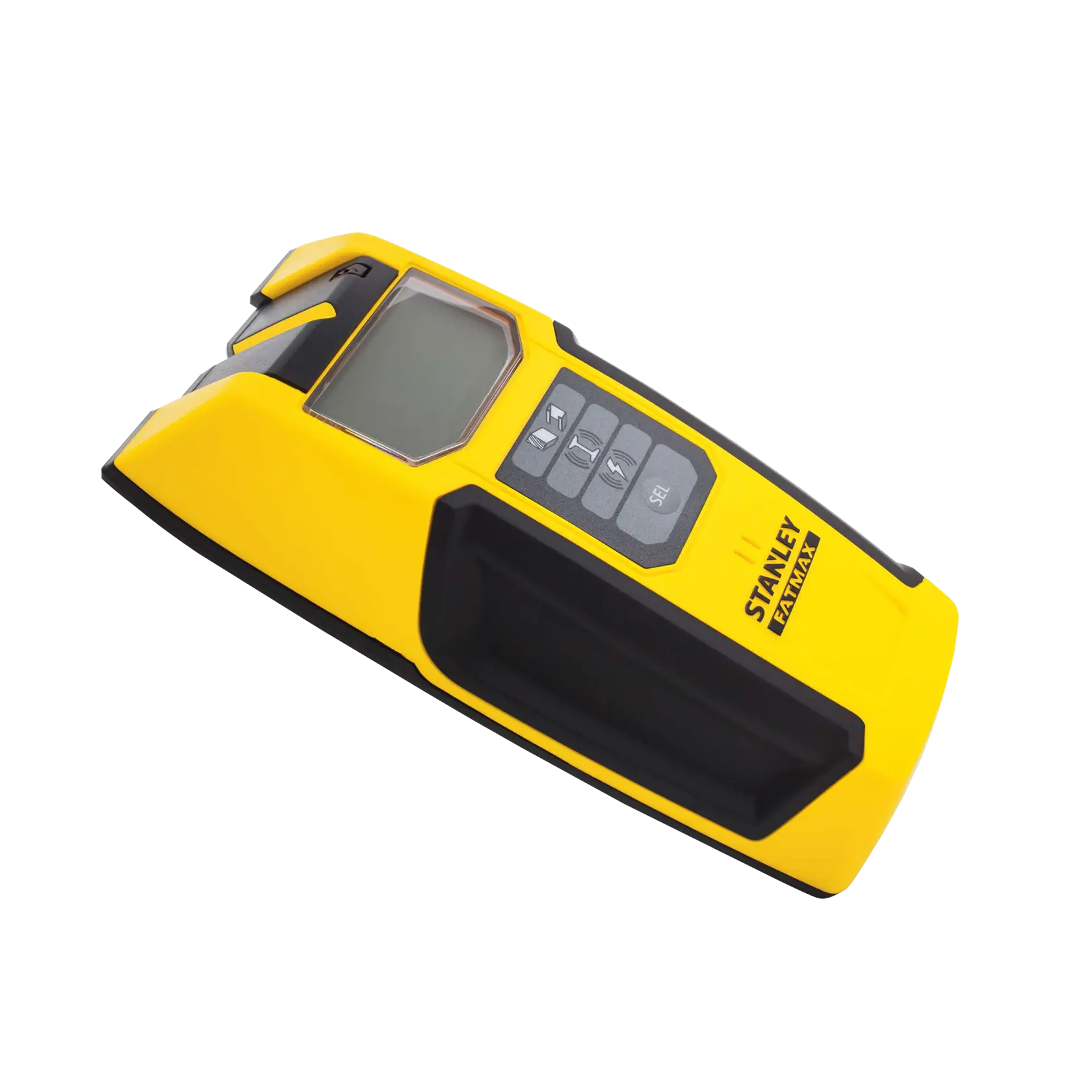 Stanley Fatmax detector de vigas amarillo y negro, toma en ángulo sobre fondo blanco, pantalla LCD y botones