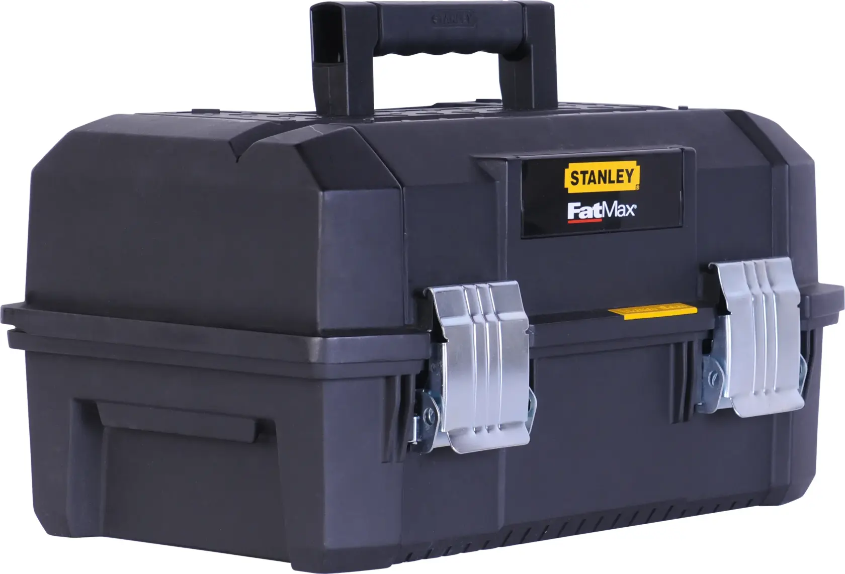 Stanley FMST18001 caja de herramientas FatMax negra, ángulo frontal, cierres metálicos y asa superior.