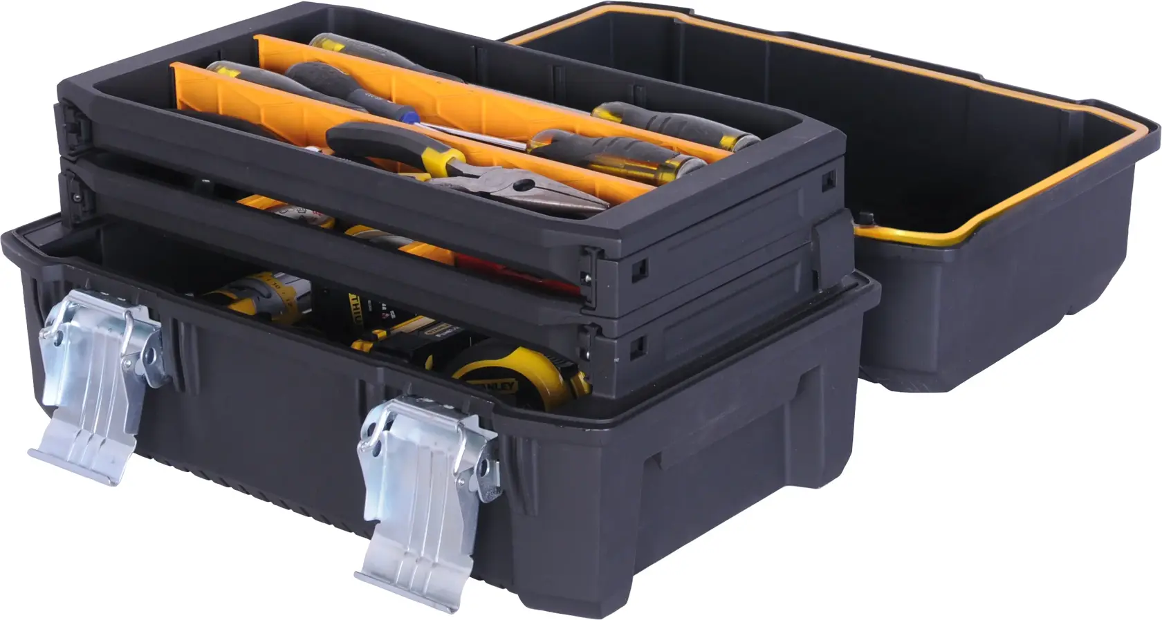 STANLEY FMST18001 caja de herramientas de plástico negro con cierres metálicos, abierta con herramientas y divisores amarillos, vista angular.
