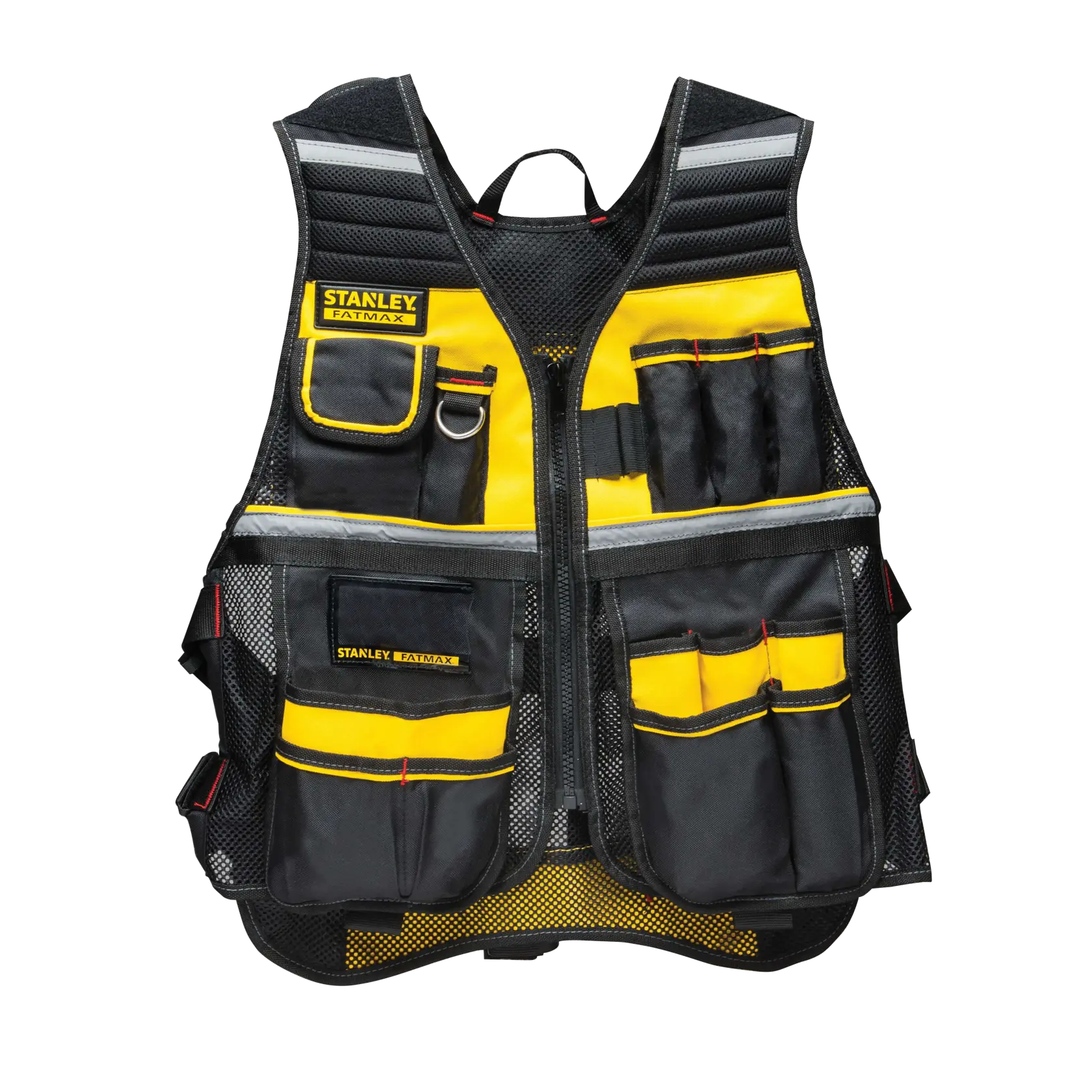 STANLEY FMST530201 chaleco para herramientas con múltiples bolsillos negros y amarillos, vista frontal, fotografía del producto.