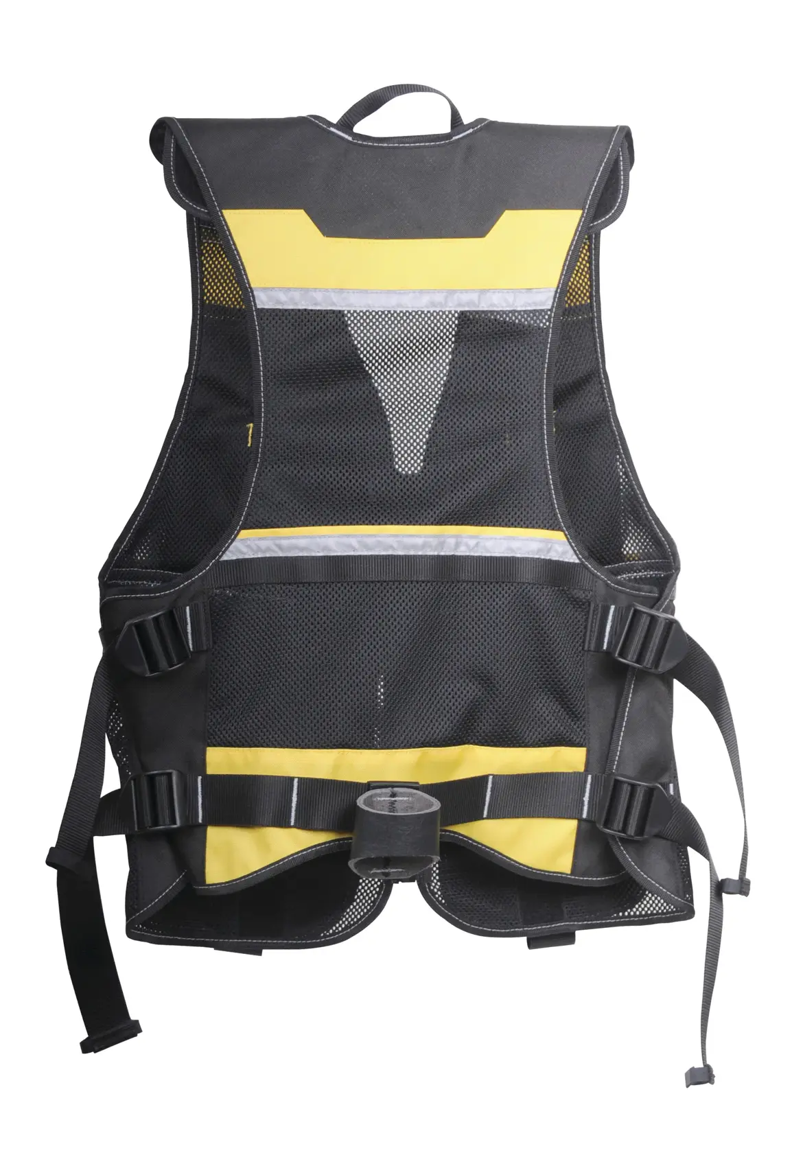 Chaleco de trabajo de malla STANLEY FMST530201, negro y amarillo, ángulo trasero sobre fondo blanco.