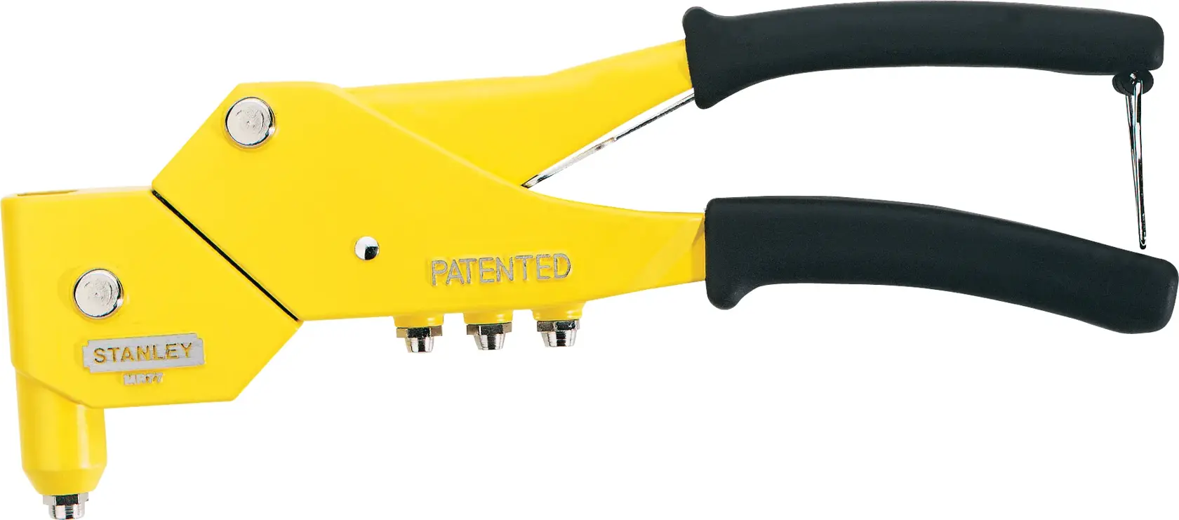 STANLEY MR77C ferramenta de rebite manual amarela, vista lateral com cabos pretos, fotografia de produto.