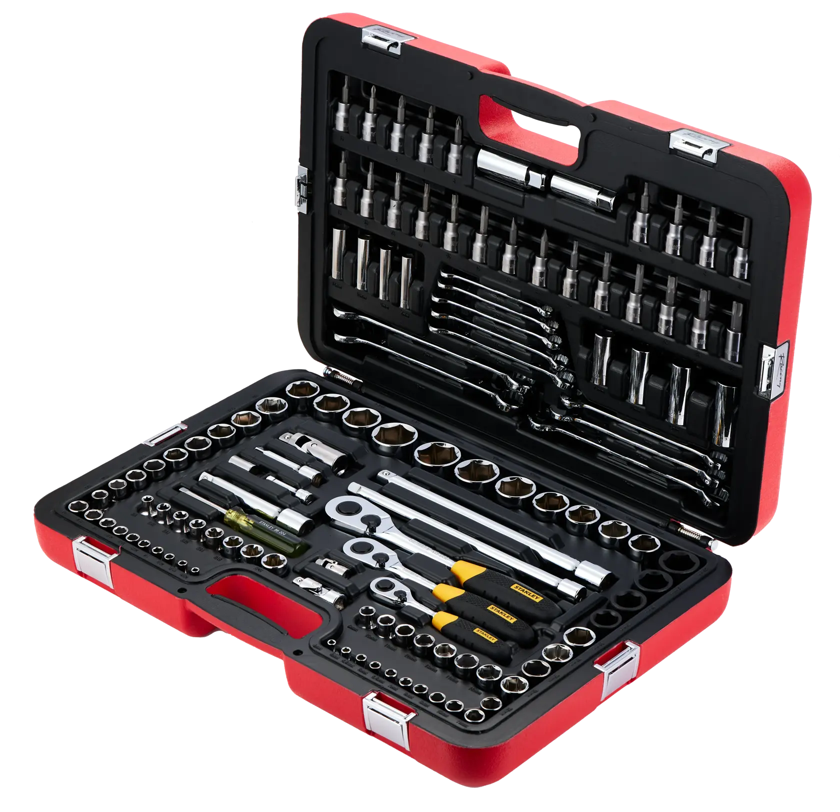 STANLEY R99-120LA conjunto de ferramentas mecânicas em maleta rígida vermelha, aberta com soquetes, catracas, chaves e chaves de fenda.