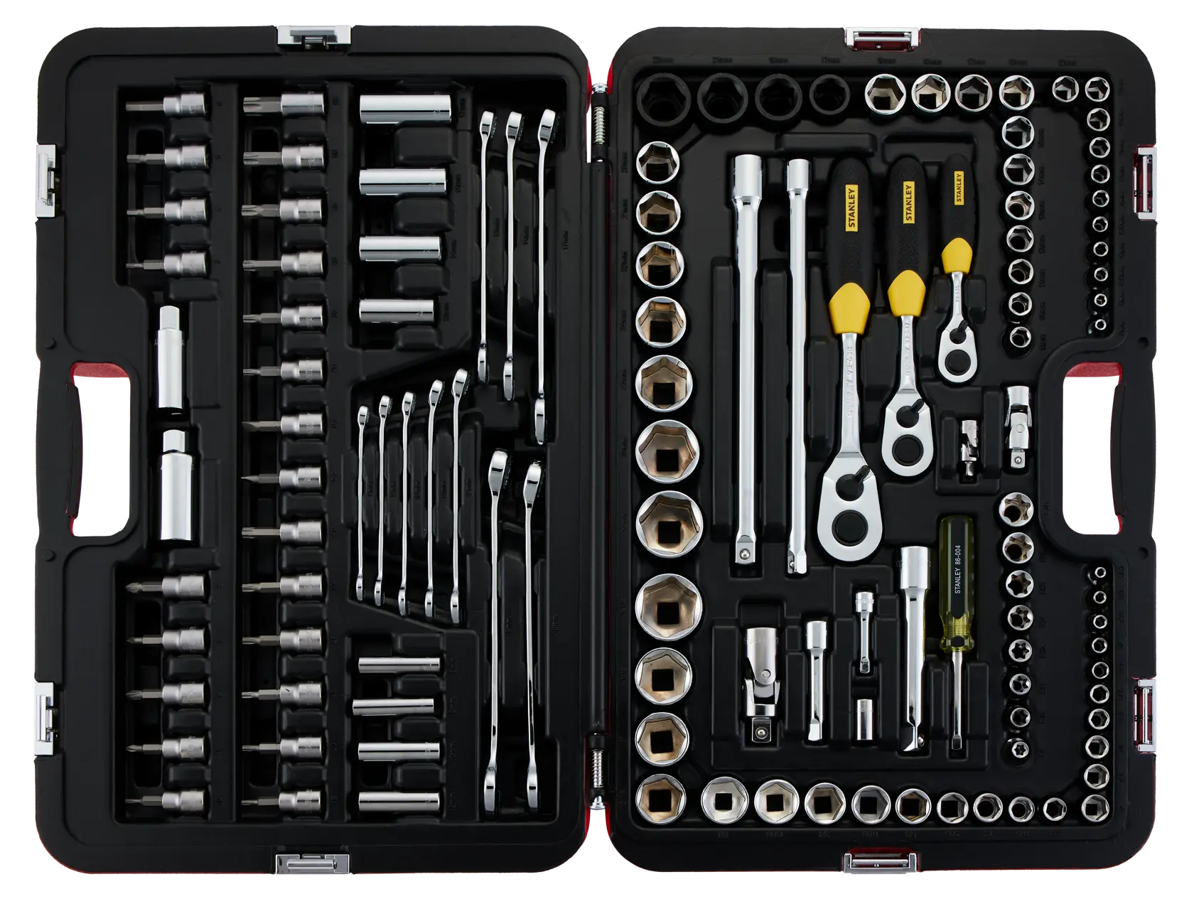 STANLEY R99-120LA jogo de ferramentas mecânicas com catracas, soquetes, chaves e acessórios em estojo preto, vista superior.