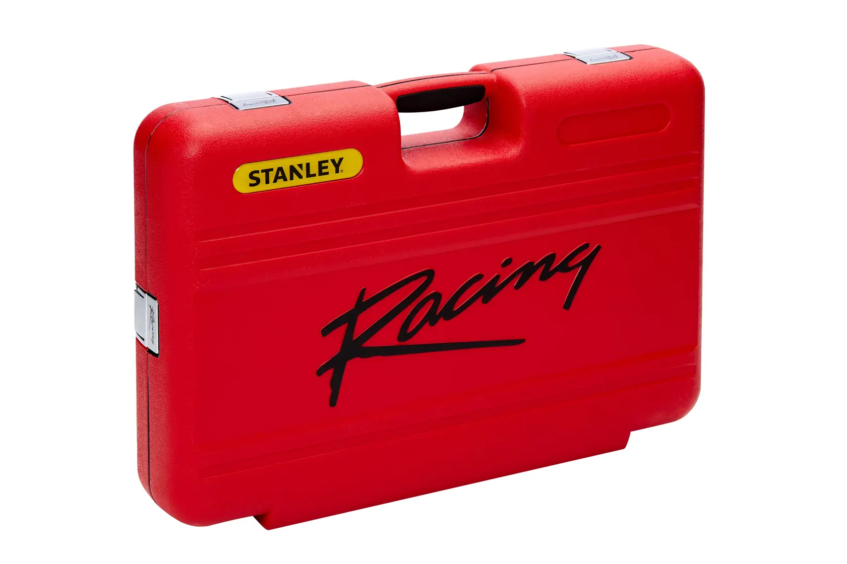 Fotografia do estojo rígido vermelho STANLEY R99-150LA para ferramentas, logo Racing, visão em ângulo em fundo branco.
