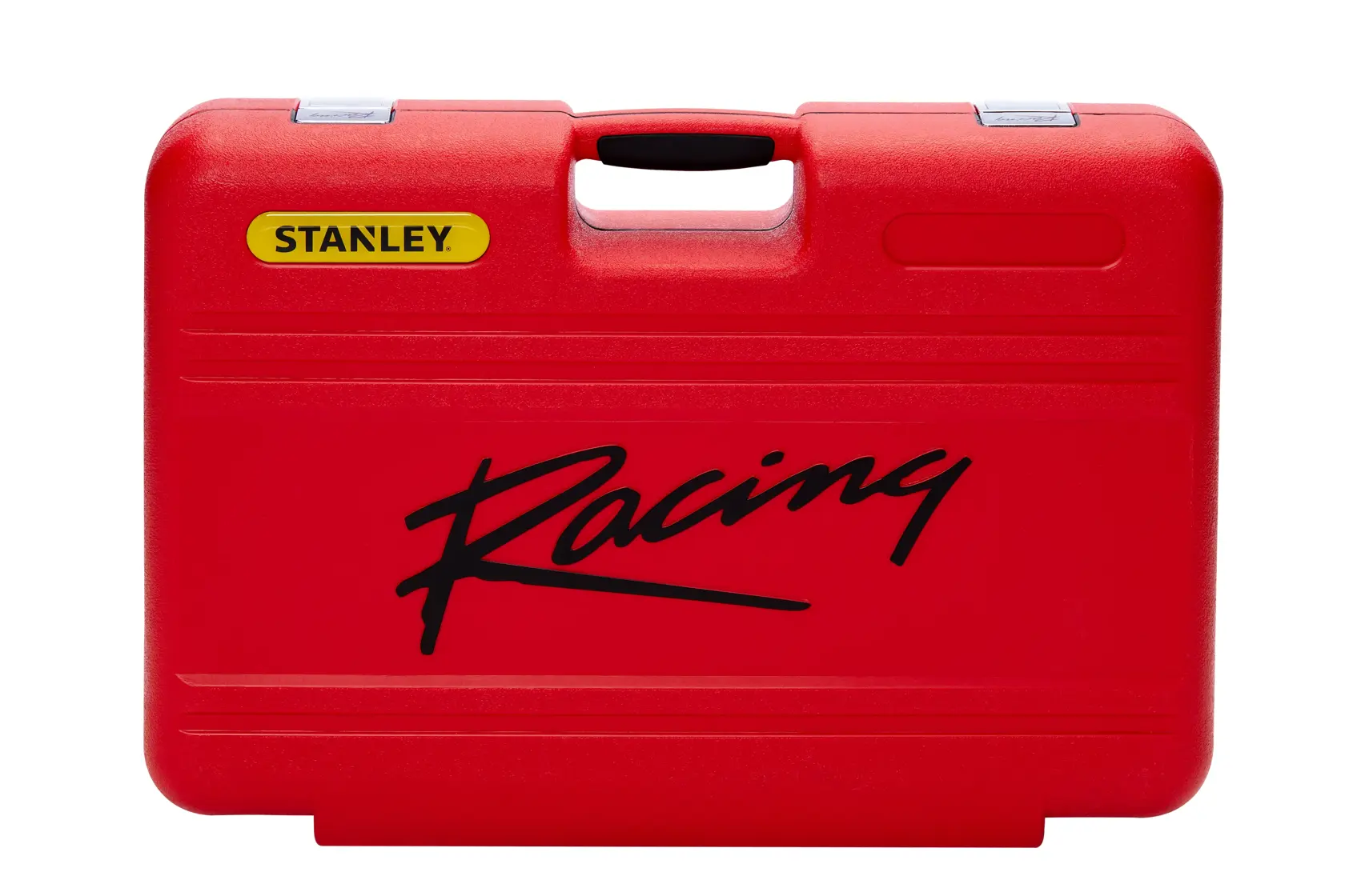 STANLEY R99-150LA maleta de ferramentas vermelha com tema racing, vista frontal, alça preta e etiqueta amarela.