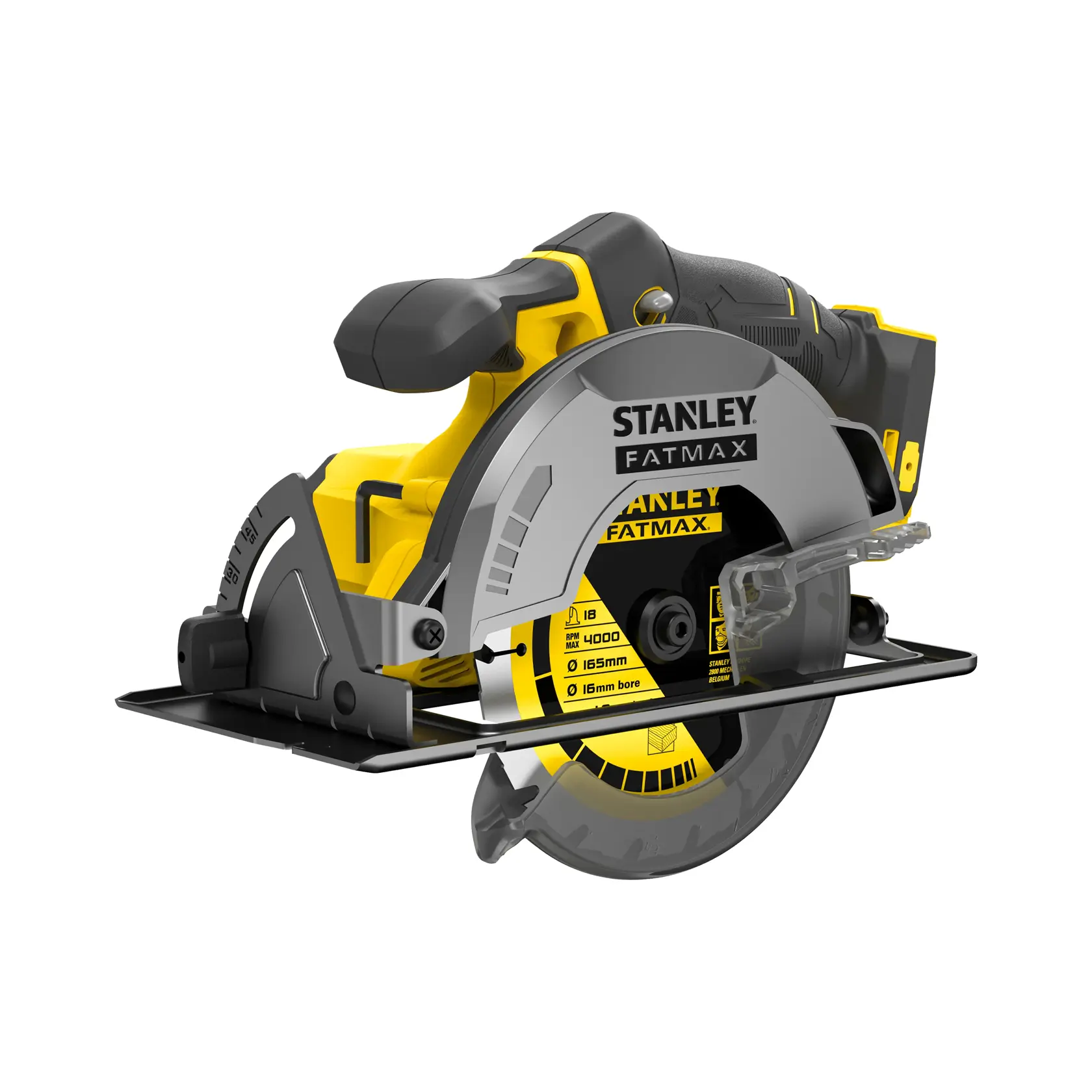 Sierra circular STANLEY SKU SBC550B, vista lateral, diseño amarillo y negro con protector de hoja plateado.