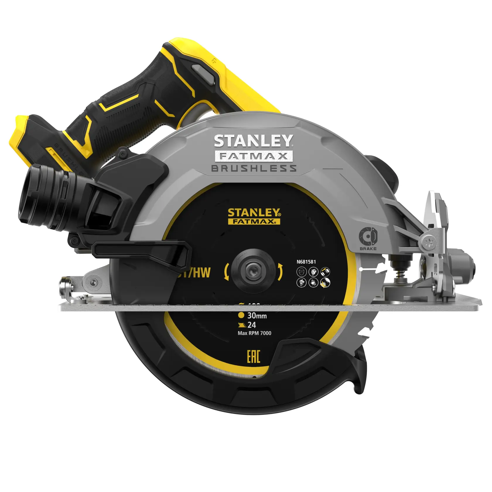 STANLEY SBC550D2K-B3 sierra circular vista lateral, gris y amarillo, brushless, inalámbrica, con disco negro y mango ergonómico.