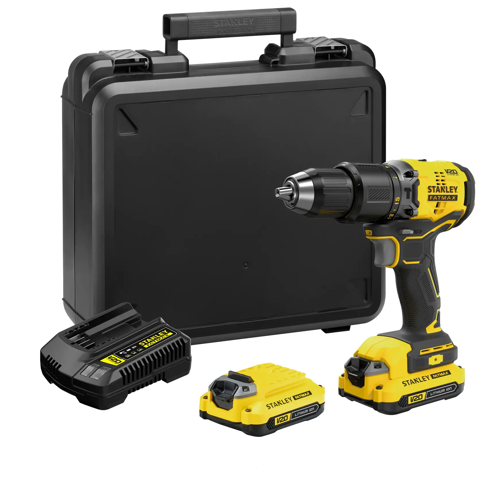 Stanley SBD715C2K-B2 kit de taladro inalámbrico V20 amarillo y negro, baterías, cargador y maletín rígido, vista frontal.